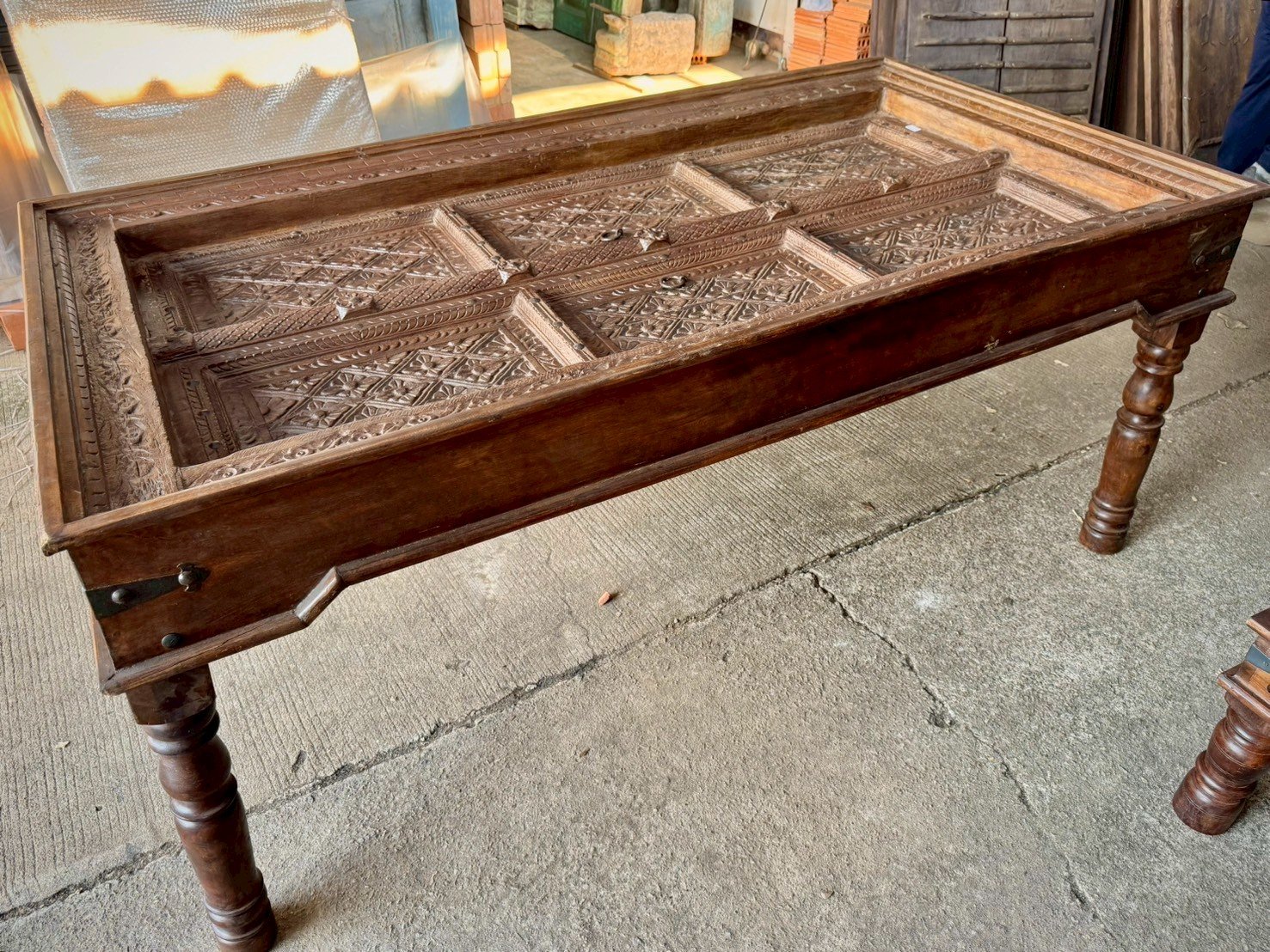 Banquet Carved Dining Table – Carved Dining Table with Repurposed Antique Door Construction W220 x D118 x H80 cm - RIVO HOMES