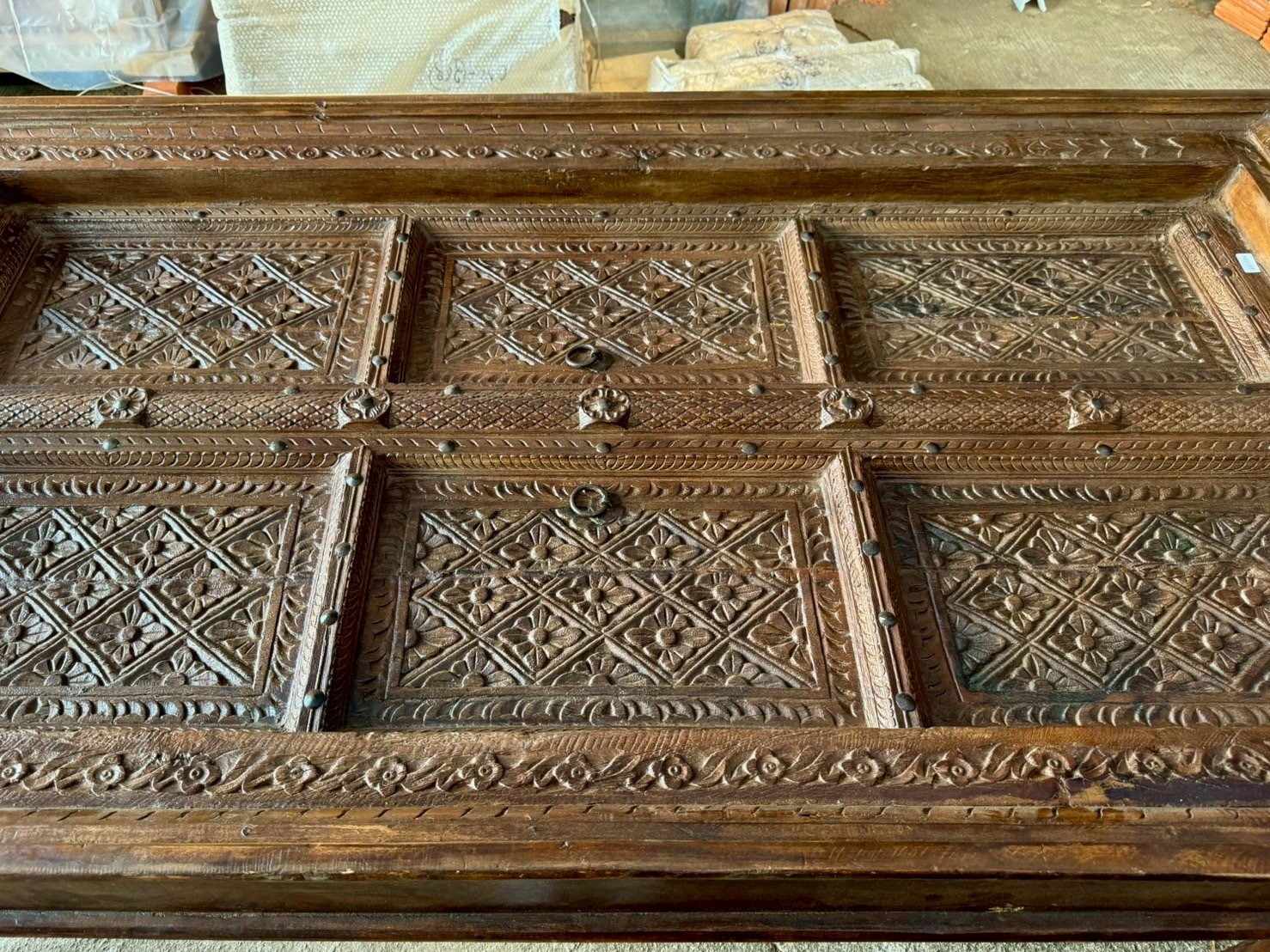 Banquet Carved Dining Table – Carved Dining Table with Repurposed Antique Door Construction W220 x D118 x H80 cm - RIVO HOMES