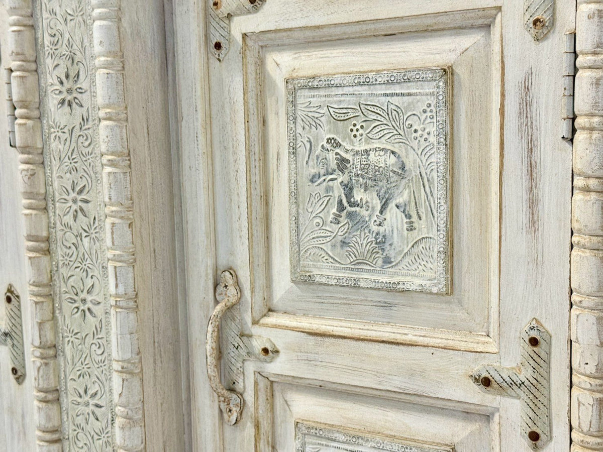 Blessing White Sideboard Table – Carving Sideboard with Elephant Motif and Rustic Finish W183 x D51 x H95 cm - RIVO HOMES