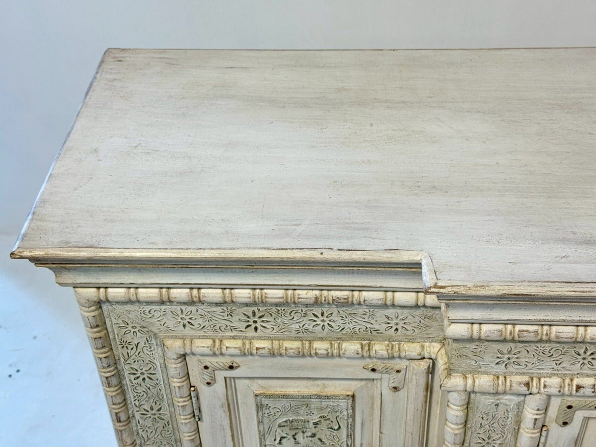Blessing White Sideboard Table – Carving Sideboard with Elephant Motif and Rustic Finish W183 x D51 x H95 cm - RIVO HOMES