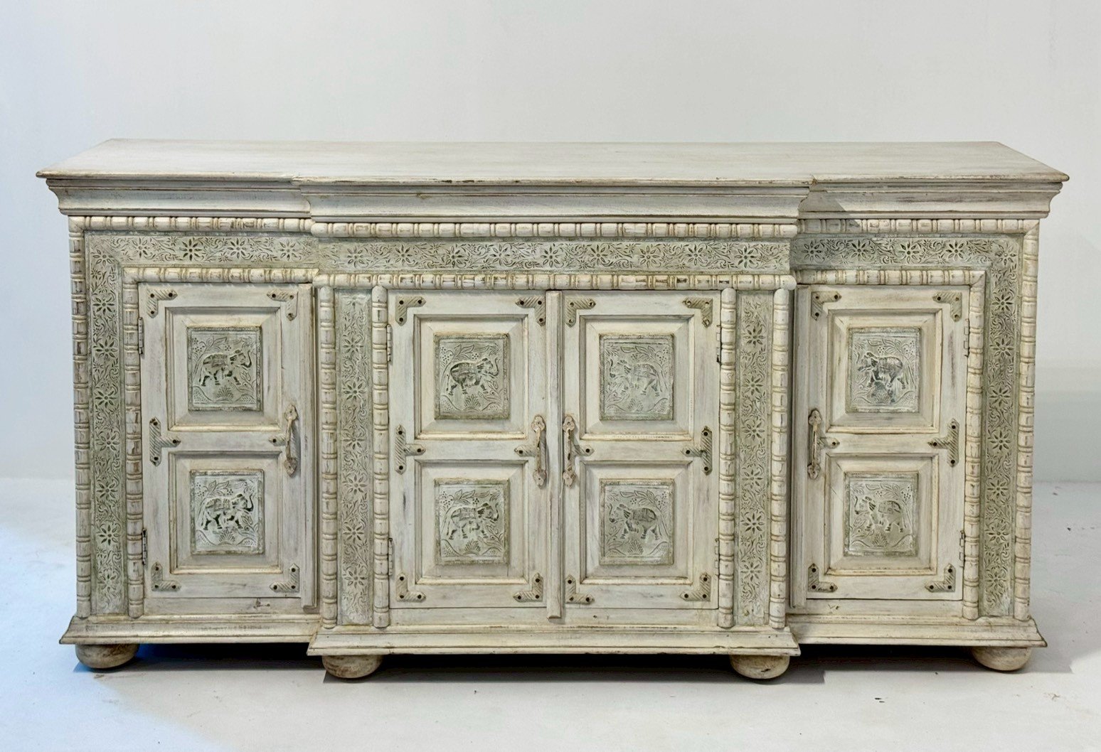 Blessing White Sideboard Table – Carving Sideboard with Elephant Motif and Rustic Finish W183 x D51 x H95 cm - RIVO HOMES