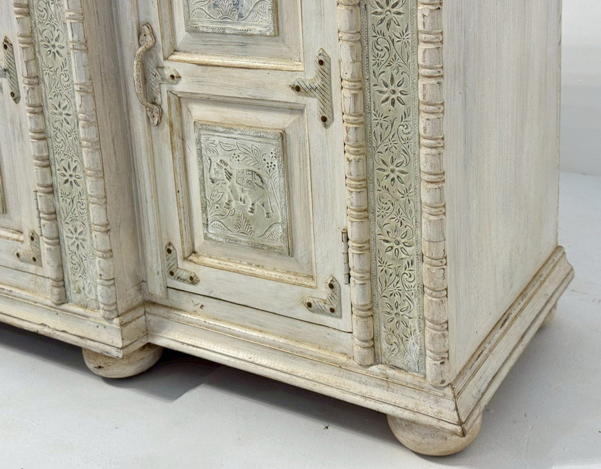 Blessing White Sideboard Table – Carving Sideboard with Elephant Motif and Rustic Finish W183 x D51 x H95 cm - RIVO HOMES
