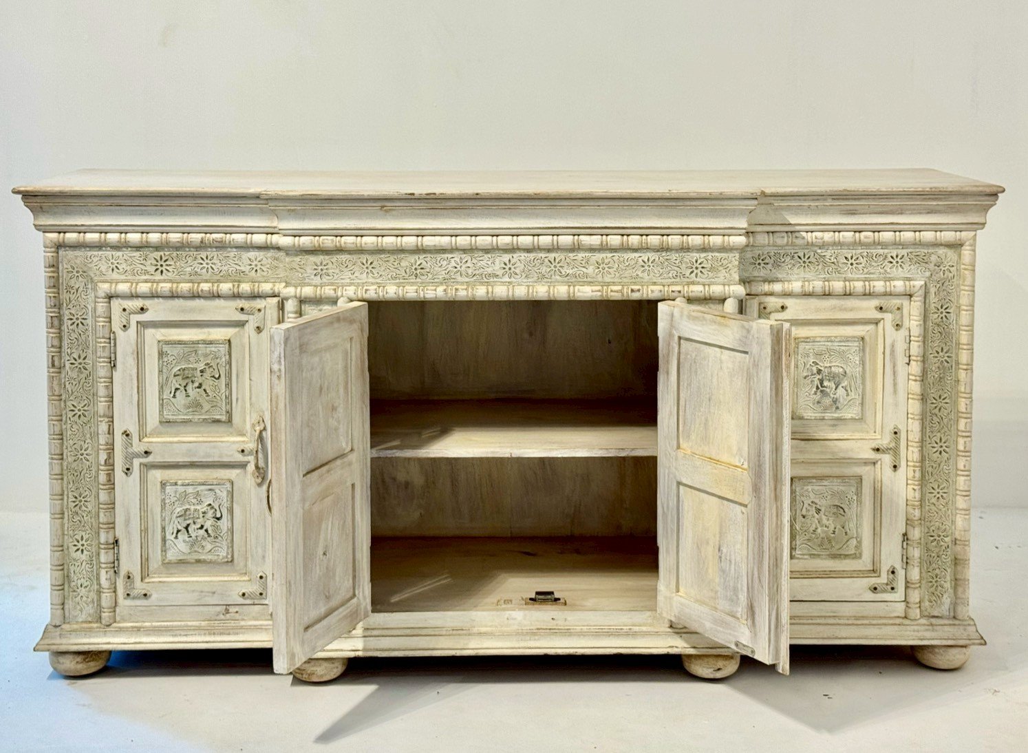Blessing White Sideboard Table – Carving Sideboard with Elephant Motif and Rustic Finish W183 x D51 x H95 cm - RIVO HOMES
