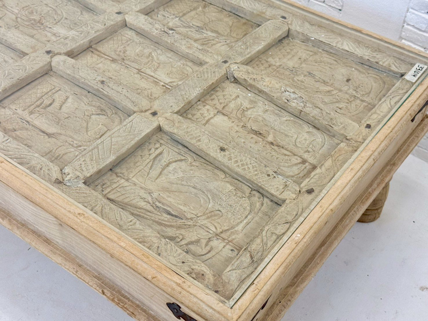 Blocks Carved Glass Top Table – Wooden Glass Coffee Table with Grid Carving W148 x D85 x H48 cm - RIVO HOMES