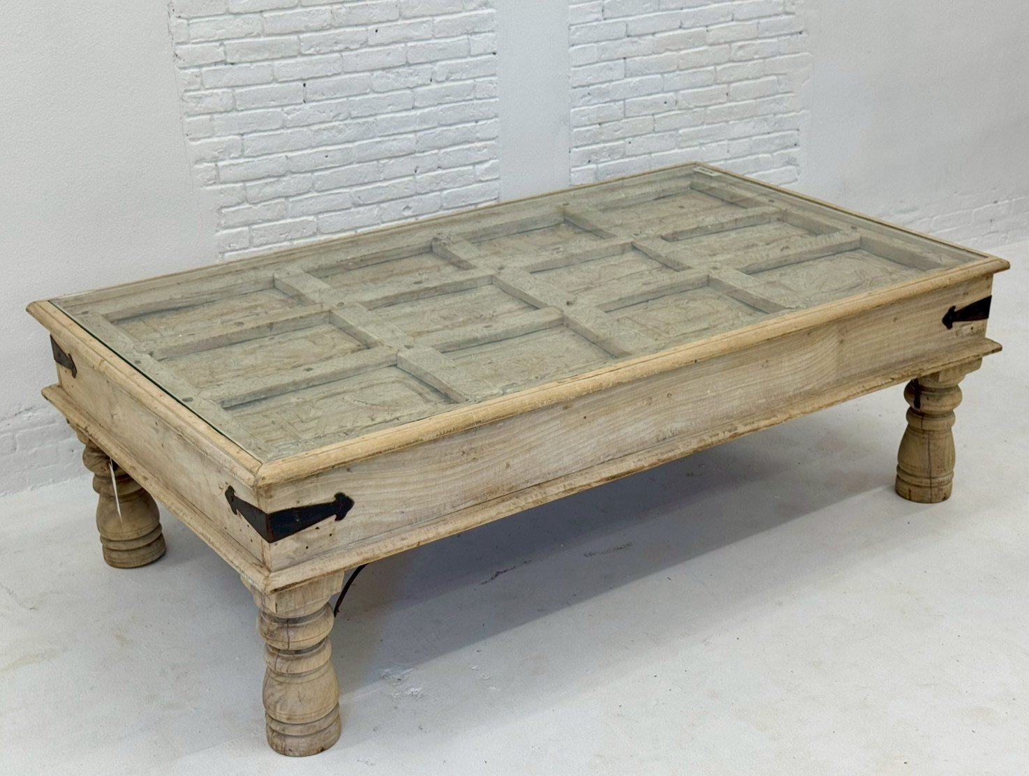 Blocks Carved Glass Top Table – Wooden Glass Coffee Table with Grid Carving W148 x D85 x H48 cm - RIVO HOMES