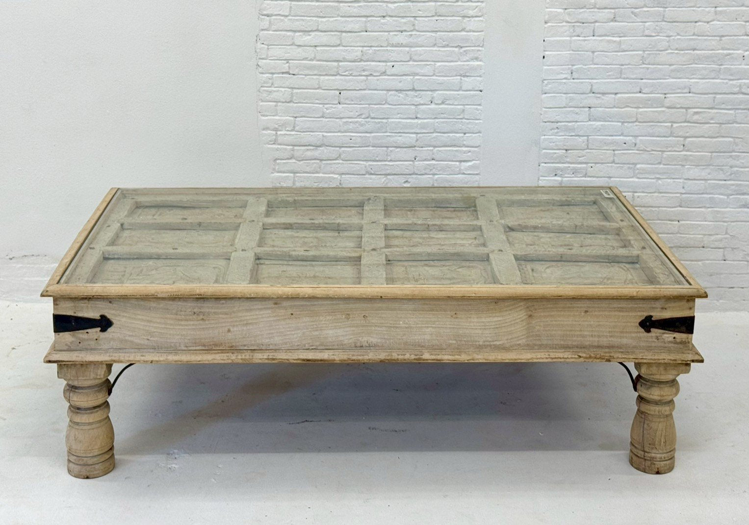 Blocks Carved Glass Top Table – Wooden Glass Coffee Table with Grid Carving W148 x D85 x H48 cm - RIVO HOMES