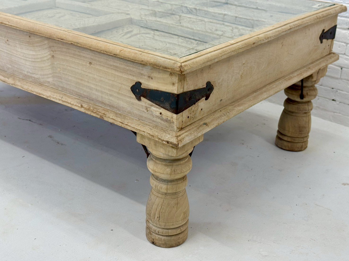 Blocks Carved Glass Top Table – Wooden Glass Coffee Table with Grid Carving W148 x D85 x H48 cm - RIVO HOMES