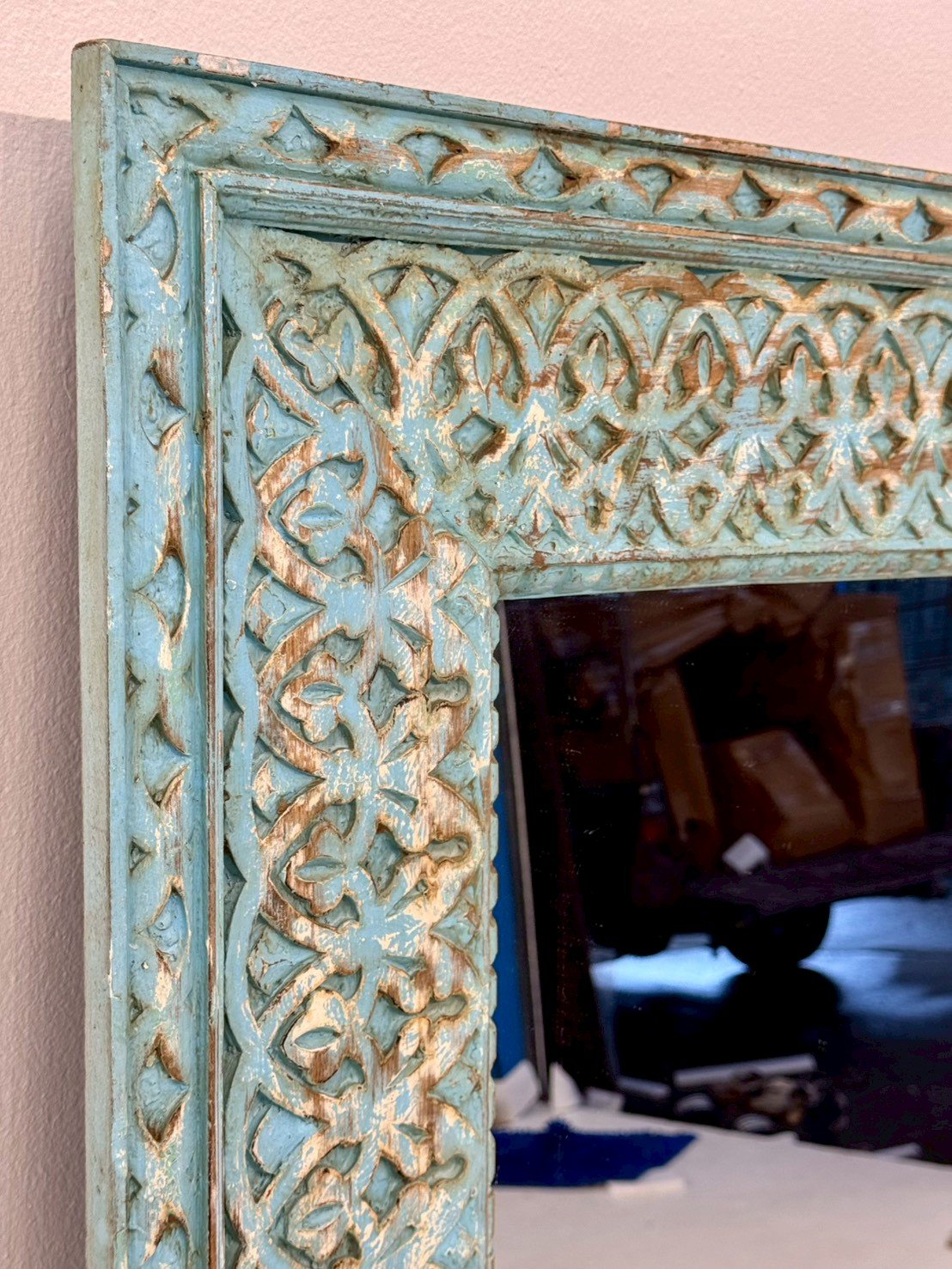 Blue Wooden Antique Mirror – Hand-Carved Rustic Wall Mirror with Turquoise Finish W91 x D7 x H150 cm - RIVO HOMES