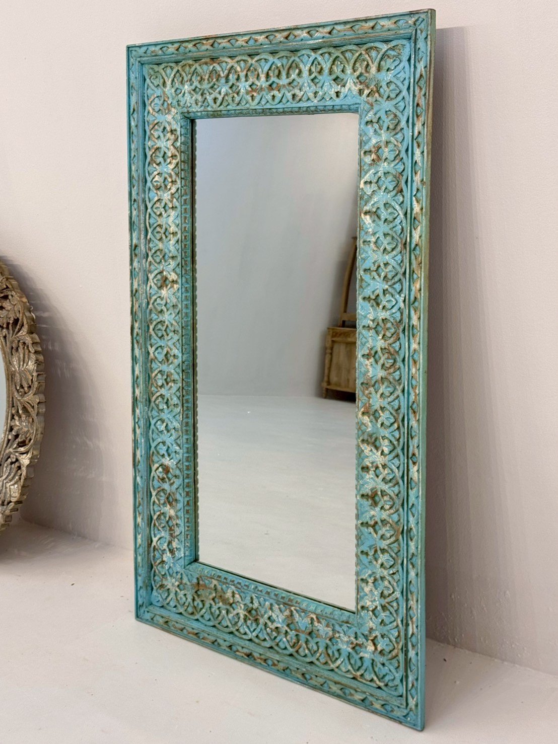 Blue Wooden Antique Mirror – Hand-Carved Rustic Wall Mirror with Turquoise Finish W91 x D7 x H150 cm - RIVO HOMES