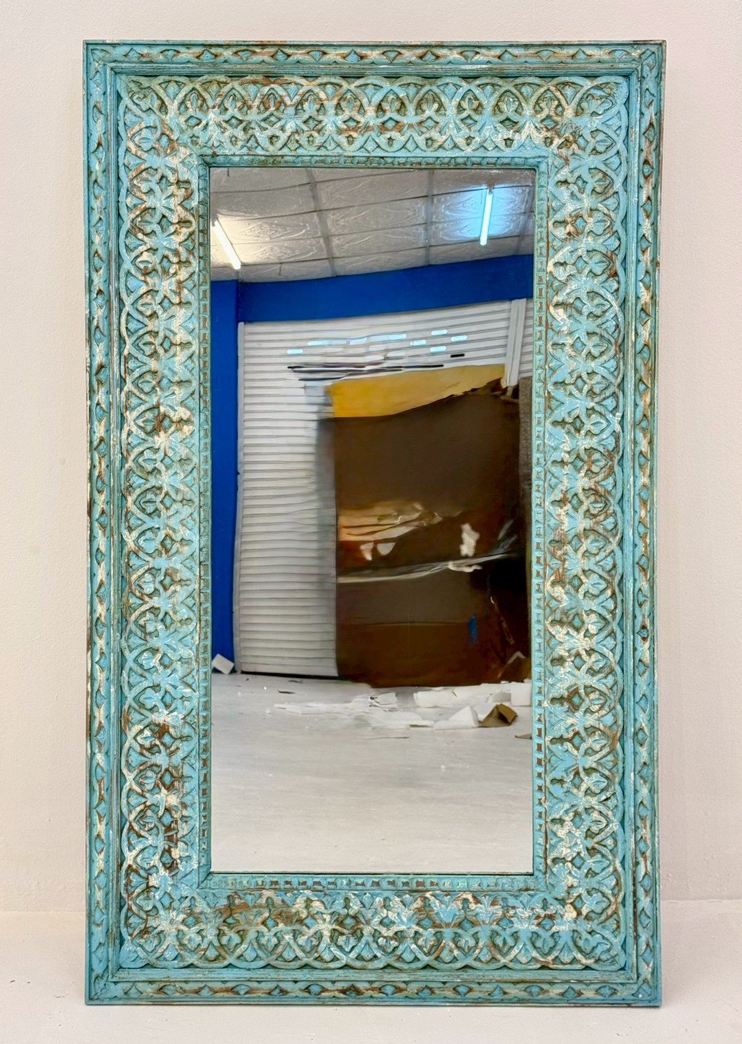 Blue Wooden Antique Mirror – Hand-Carved Rustic Wall Mirror with Turquoise Finish W91 x D7 x H150 cm - RIVO HOMES