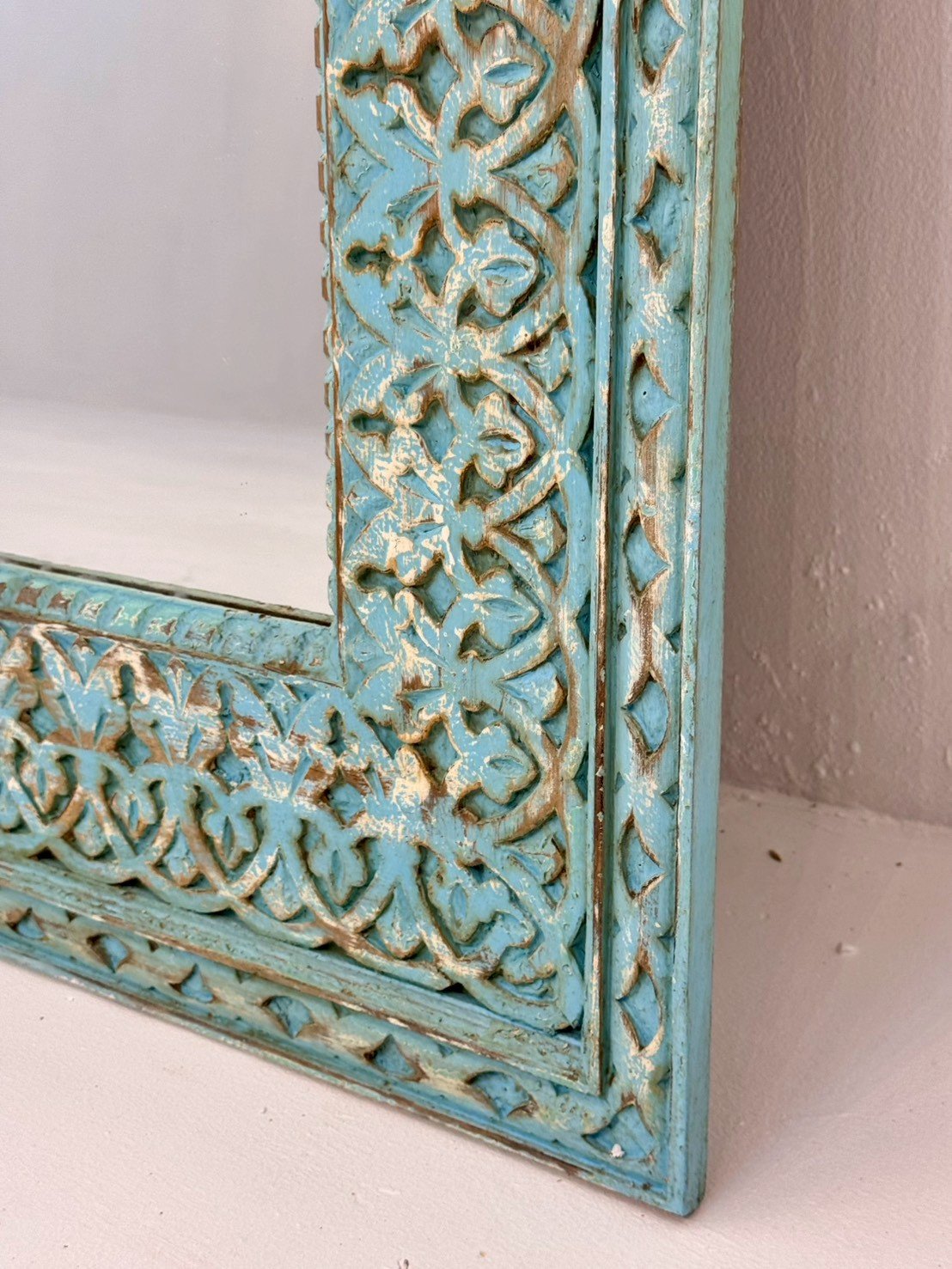 Blue Wooden Antique Mirror – Hand-Carved Rustic Wall Mirror with Turquoise Finish W91 x D7 x H150 cm - RIVO HOMES