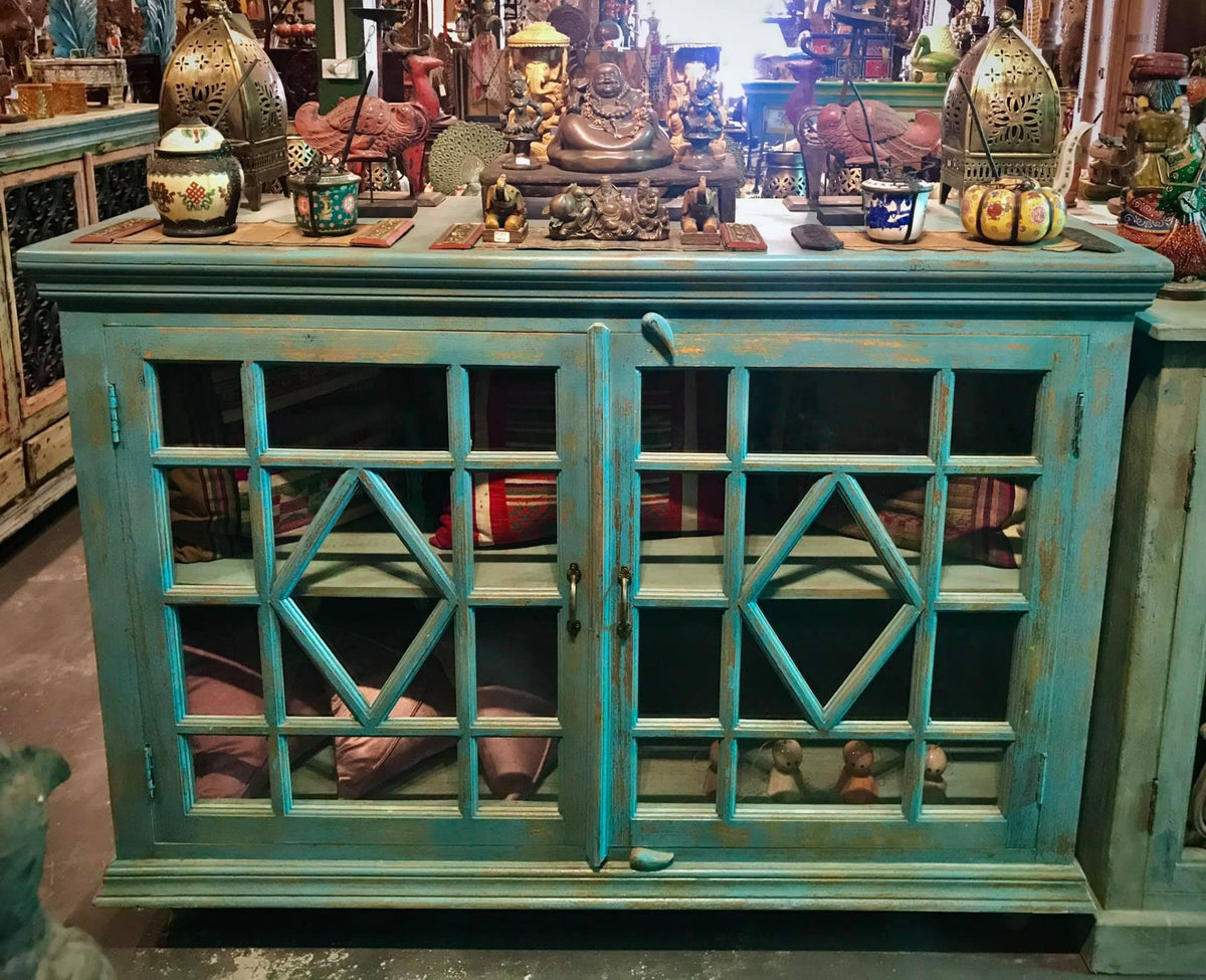 blue glass door cabinet