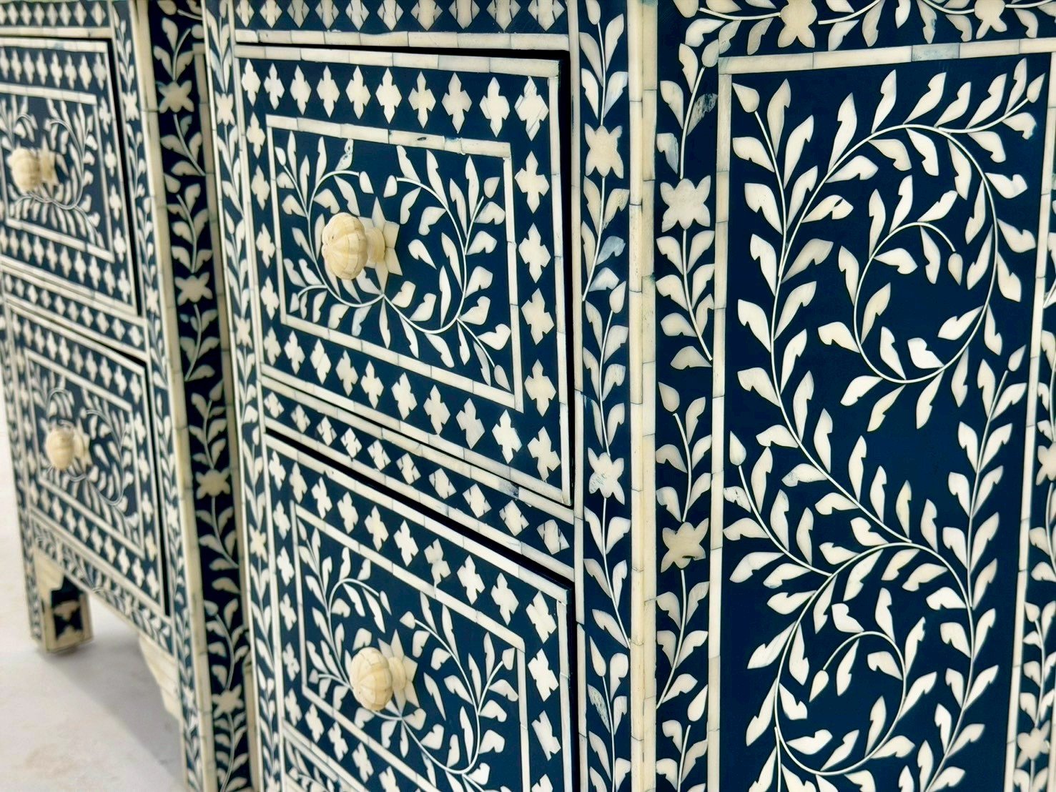 Bone Inlaid Bedside set of two – Designer Bedside with Two Drawers and Blue Inlay Pattern - RIVO HOMES