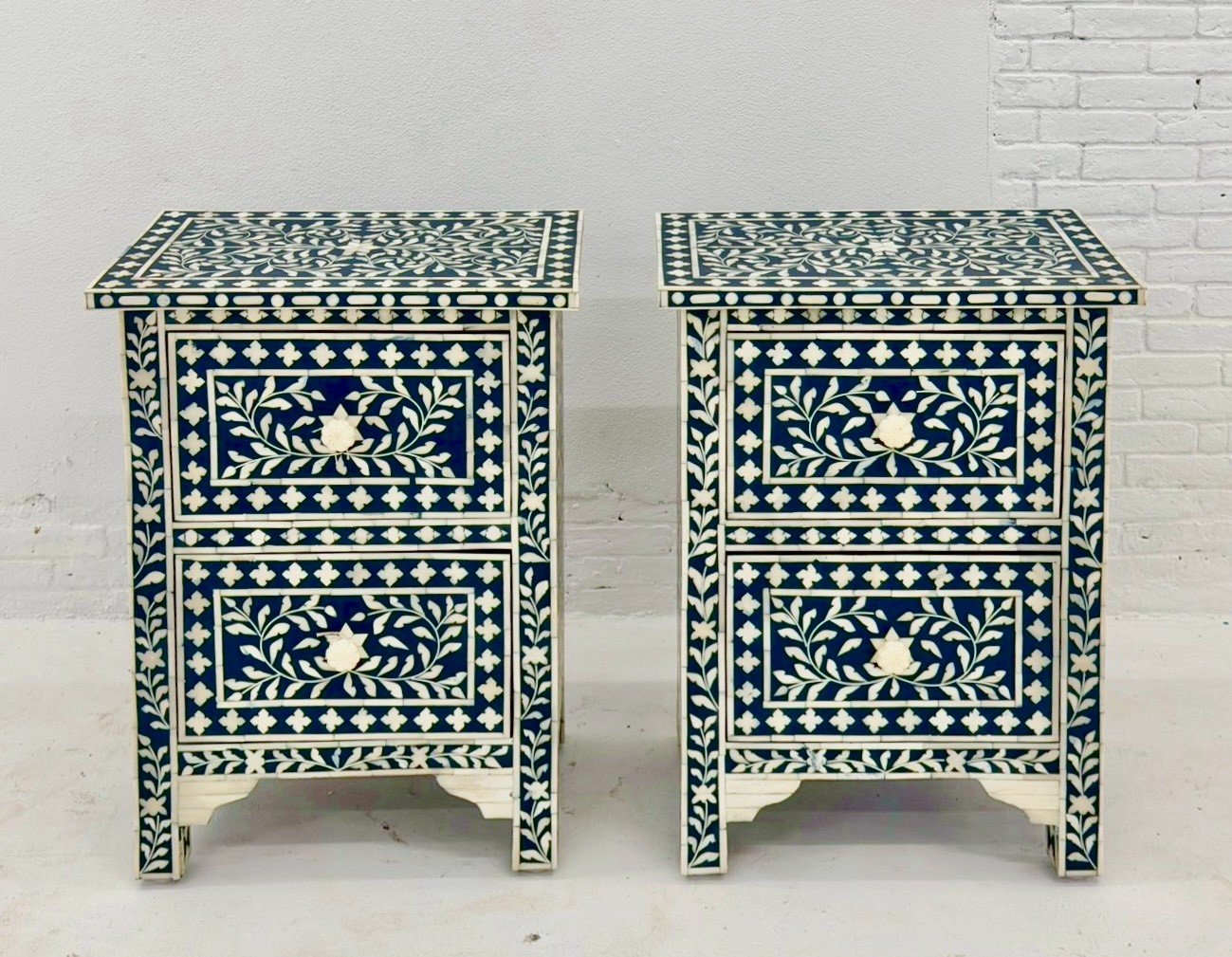 Bone Inlaid Bedside set of two – Designer Bedside with Two Drawers and Blue Inlay Pattern - RIVO HOMES