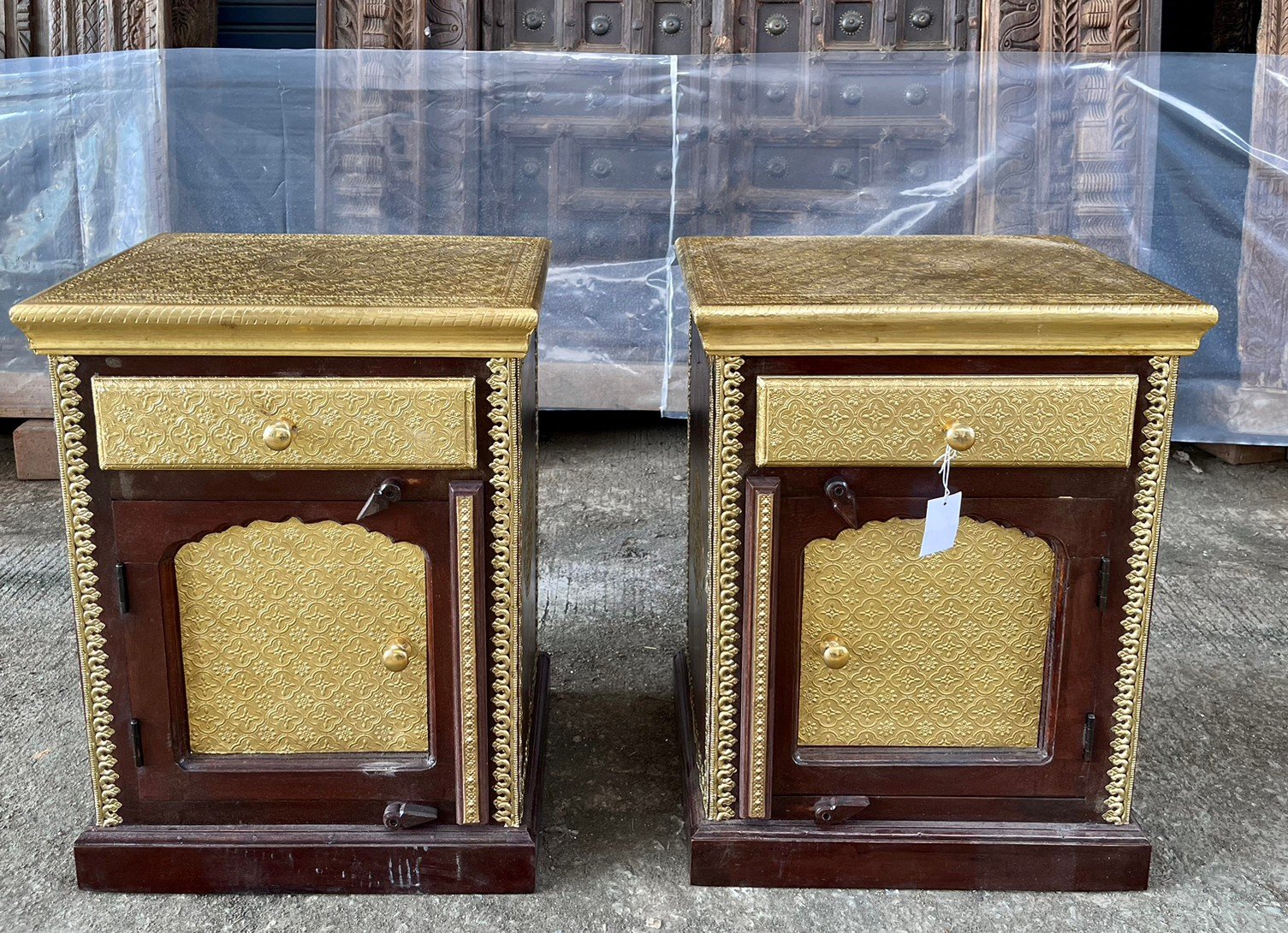 Brass Decorated Wooden Bedside Set – Luxury Bedside with Embossed Brass Panels W46 x D30 x H61 cm - RIVO HOMES