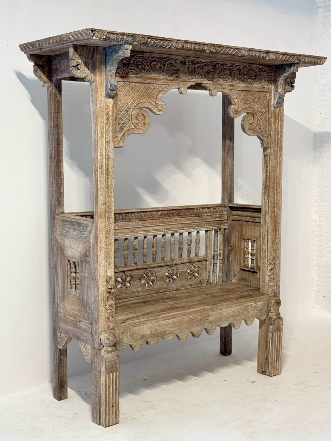 Canopy Carved Bench – High Roof Bench with Traditional Indian Design W179 x D73 x H210 cm - RIVO HOMES