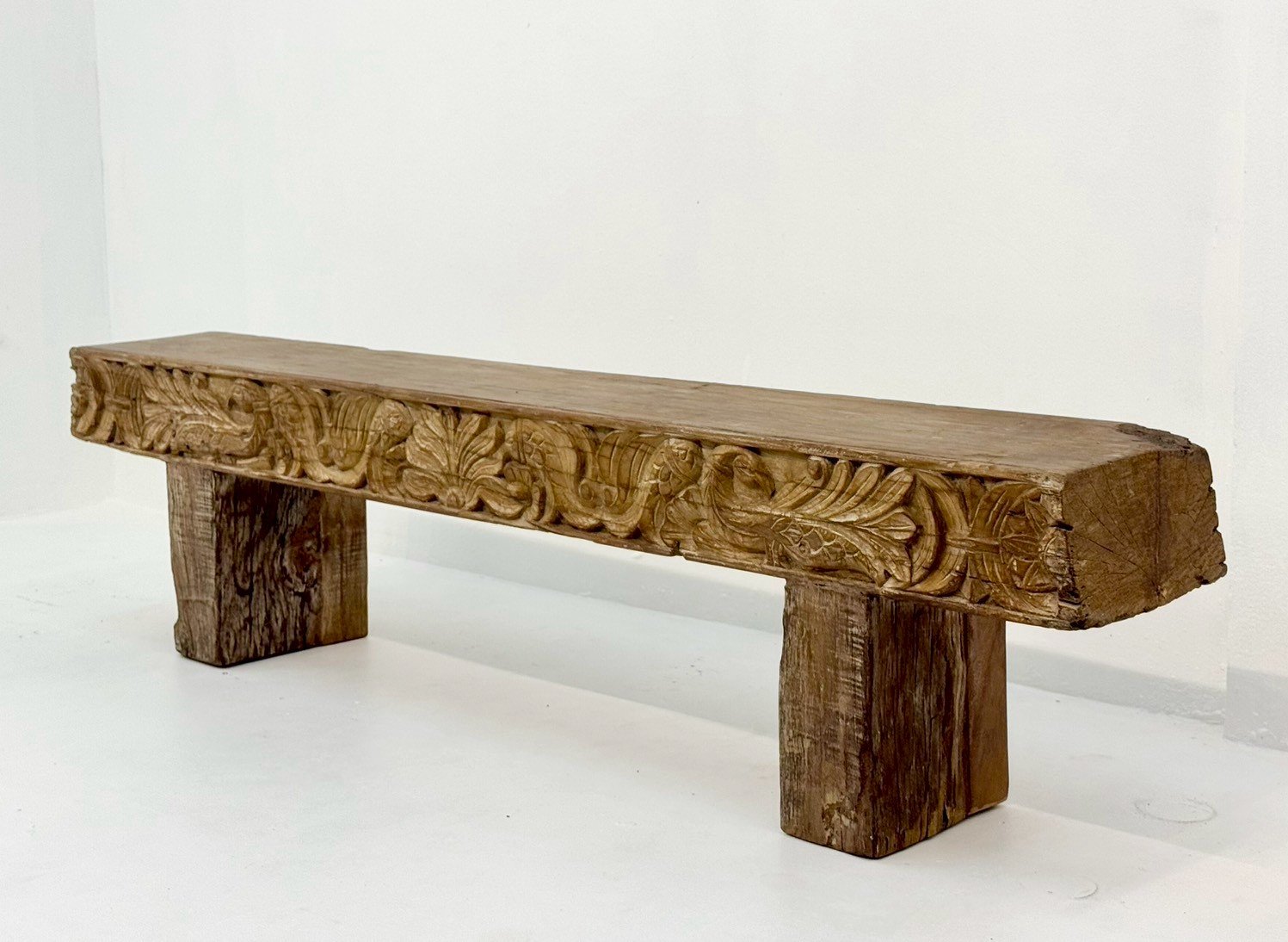 Carved Antique Wooden Bench – Rustic Wooden Bench with Slim Profile and Block Legs W188 × D28 × H48 cm - RIVO HOMES