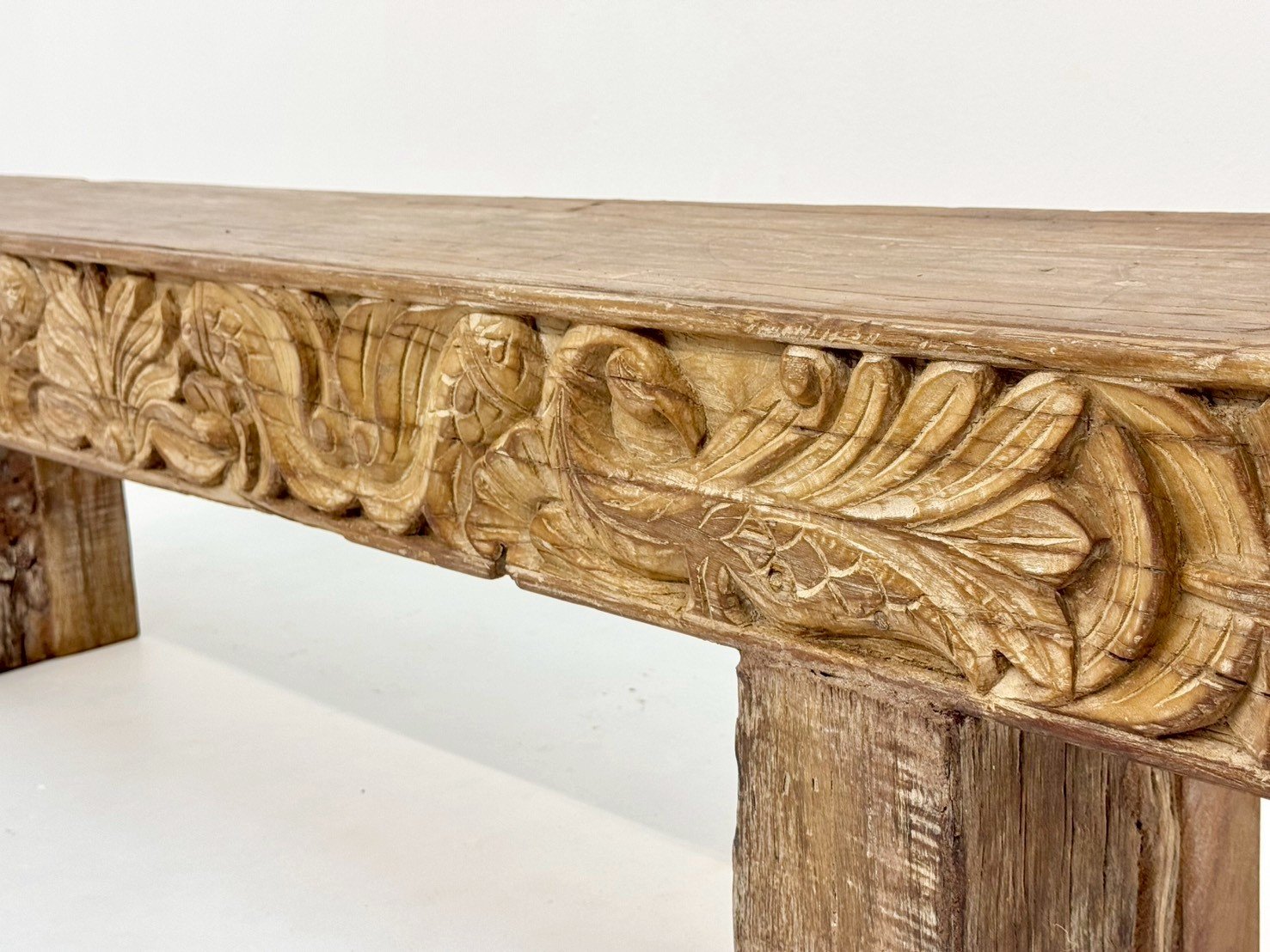 Carved Antique Wooden Bench – Rustic Wooden Bench with Slim Profile and Block Legs W188 × D28 × H48 cm - RIVO HOMES