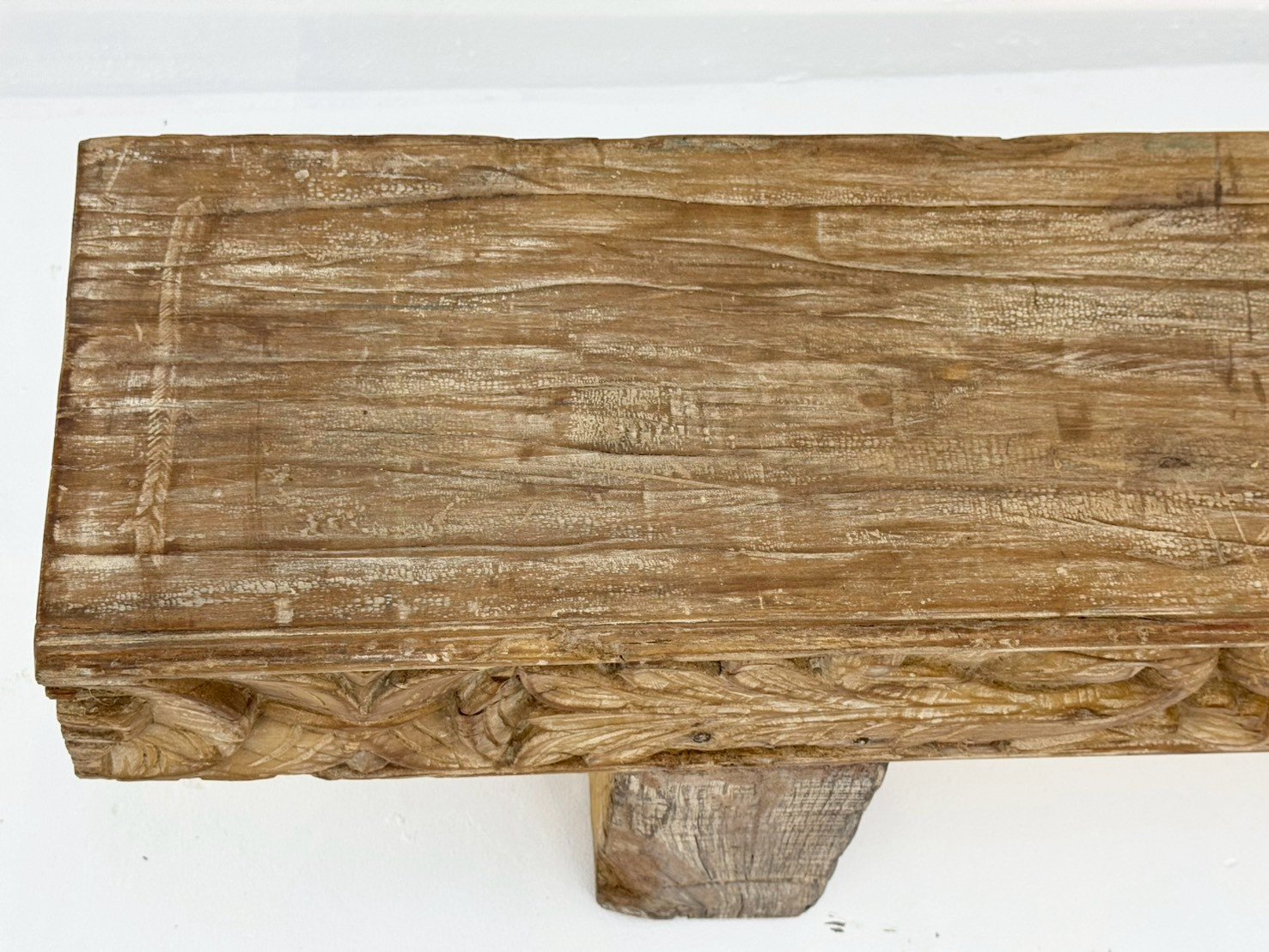 Carved Antique Wooden Bench – Rustic Wooden Bench with Slim Profile and Block Legs W188 × D28 × H48 cm - RIVO HOMES