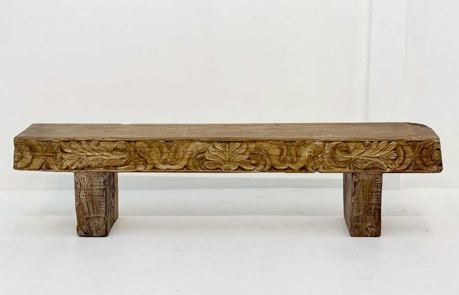 Carved Antique Wooden Bench – Rustic Wooden Bench with Slim Profile and Block Legs W188 × D28 × H48 cm - RIVO HOMES