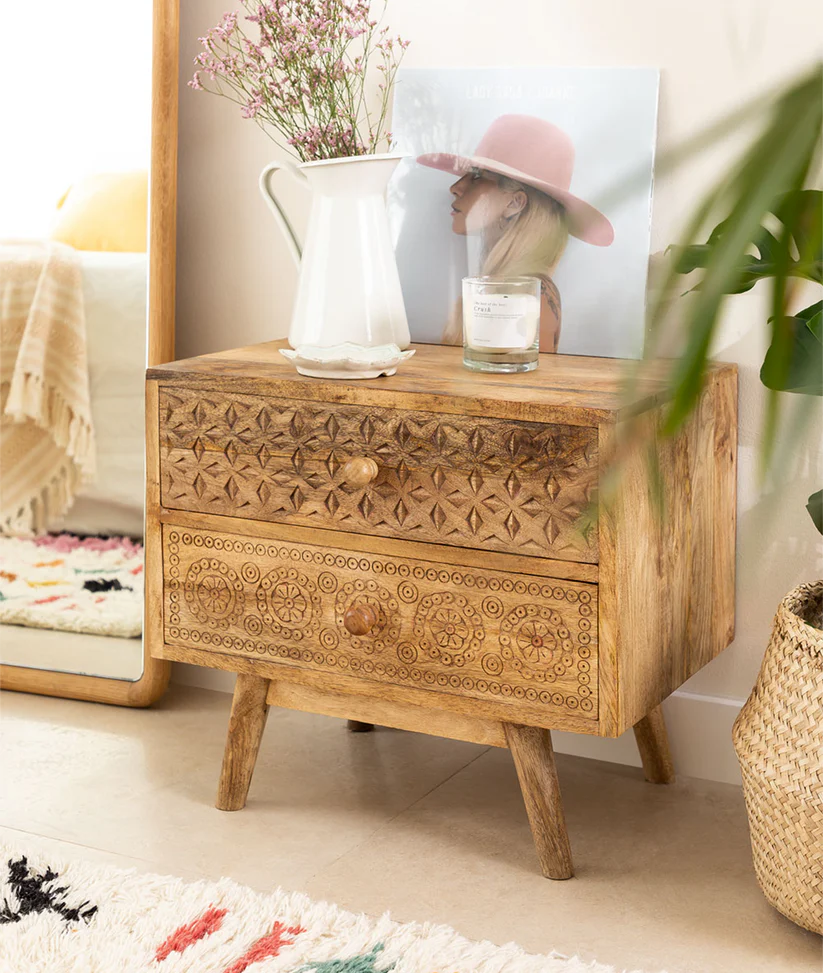 carved mango wood bedside