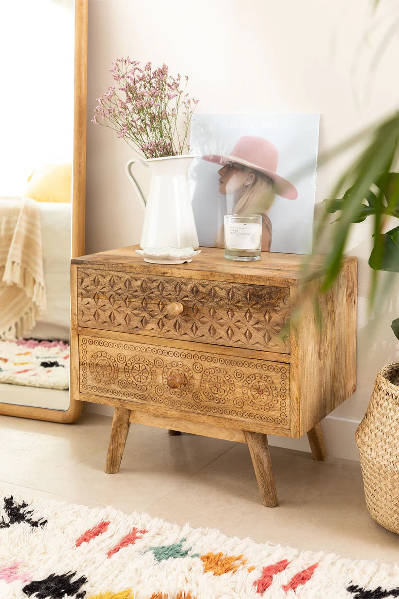 carved mango wood bedside table