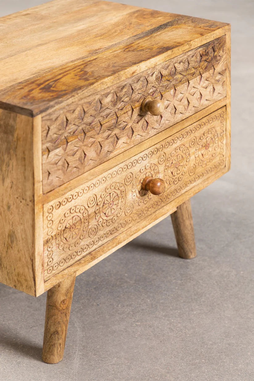 carved natural finish nightstand