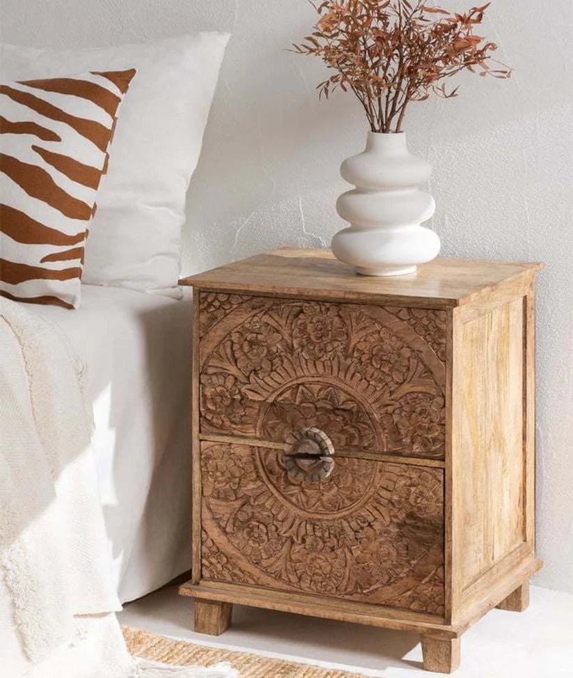 carved top bedside table