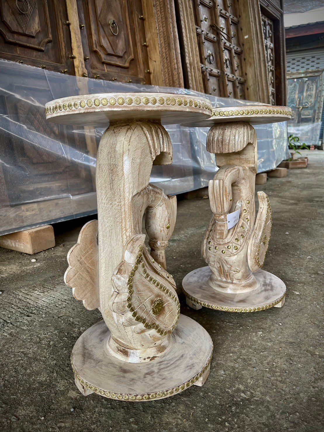 carved wooden side table set