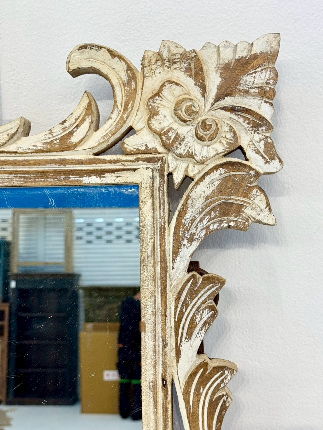 Carving Frame Mirror – Hand-Carved Wooden Mirror with Whitewashed Finish and Floral Border(W84 × D5 × H134 cm) - RIVO HOMES
