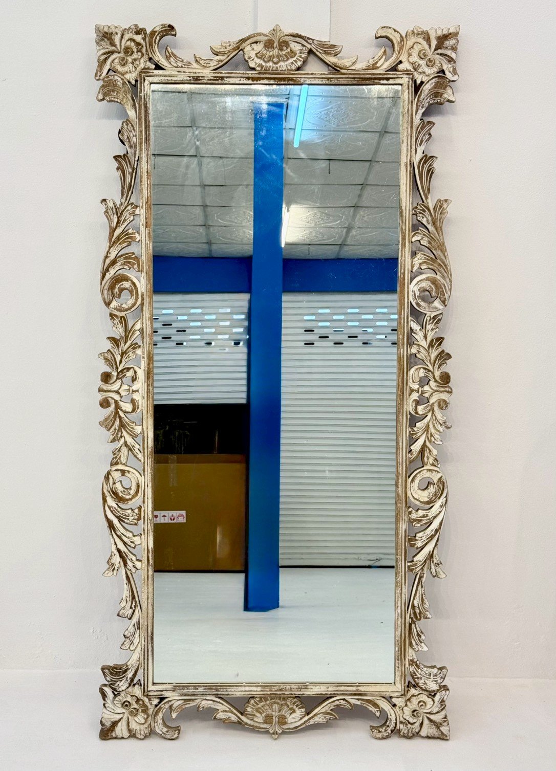 Carving Frame Mirror – Hand-Carved Wooden Mirror with Whitewashed Finish and Floral Border(W84 × D5 × H134 cm) - RIVO HOMES