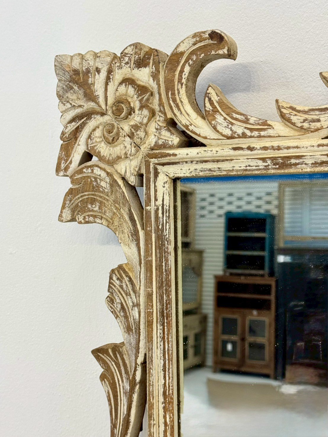 Carving Frame Mirror – Hand-Carved Wooden Mirror with Whitewashed Finish and Floral Border(W84 × D5 × H134 cm) - RIVO HOMES