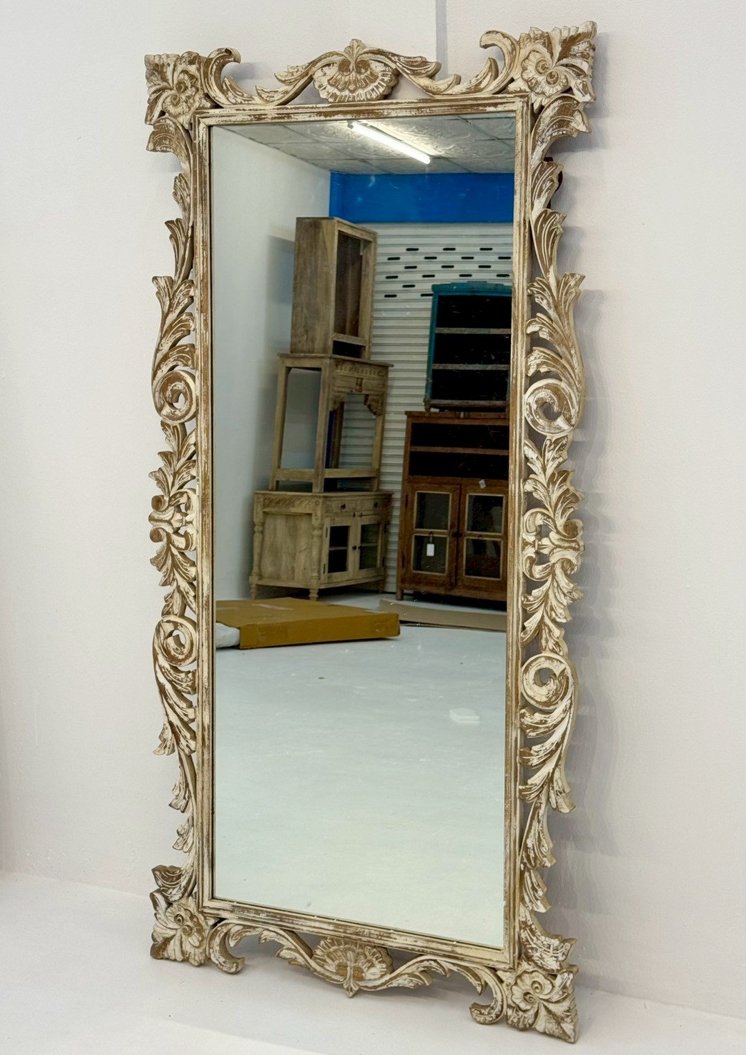Carving Frame Mirror – Hand-Carved Wooden Mirror with Whitewashed Finish and Floral Border(W84 × D5 × H134 cm) - RIVO HOMES