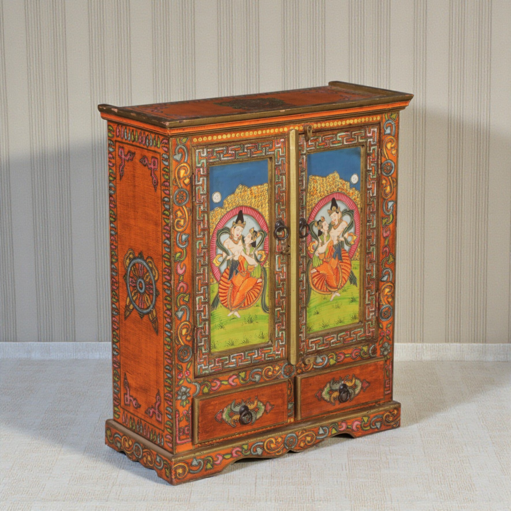 Vibrant Red Hand-Painted Mango Wood Chest of Drawers - 91cm Distressed Solid Wood Accent Dresser