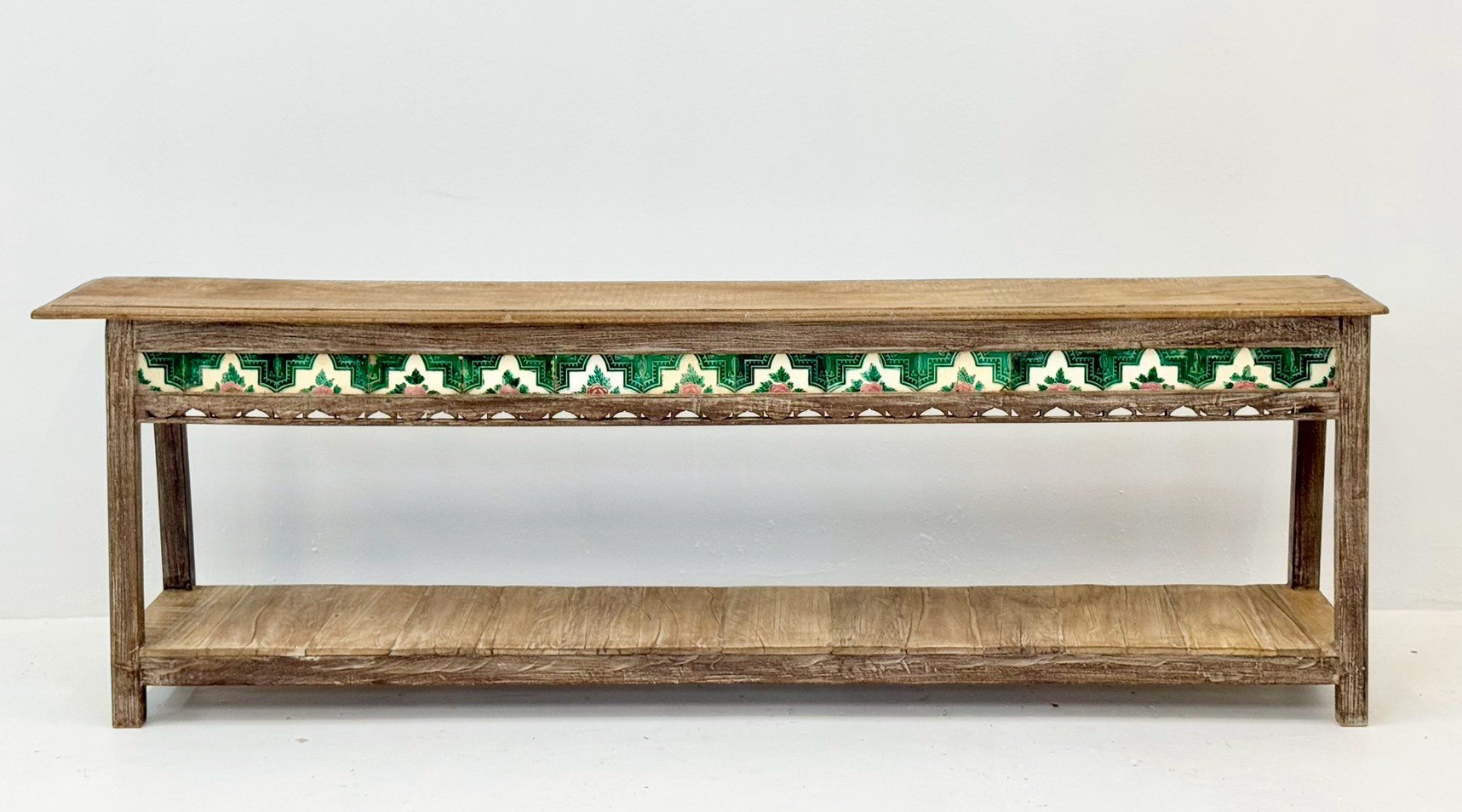 Cedar Console Table Extra-Long 224 cm – Vintage Tile Inlays, Intricate Cutout Apron, Functional Lower Shelf, Solid Mango Wood - RIVO HOMES