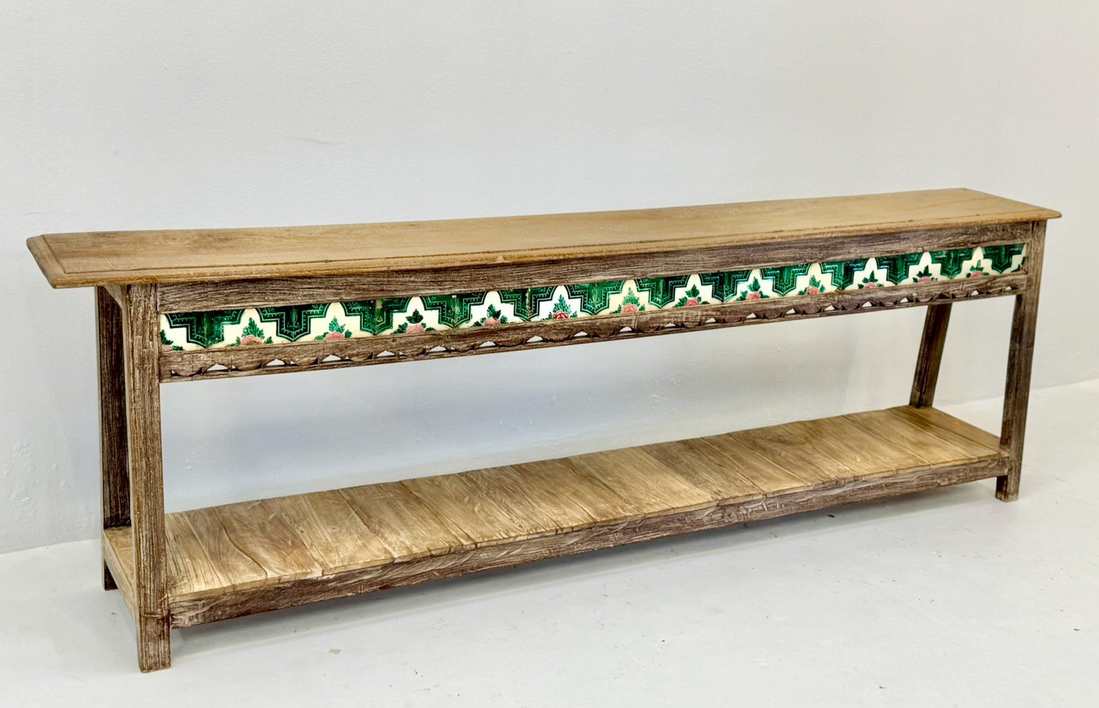 Cedar Console Table Extra-Long 224 cm – Vintage Tile Inlays, Intricate Cutout Apron, Functional Lower Shelf, Solid Mango Wood - RIVO HOMES