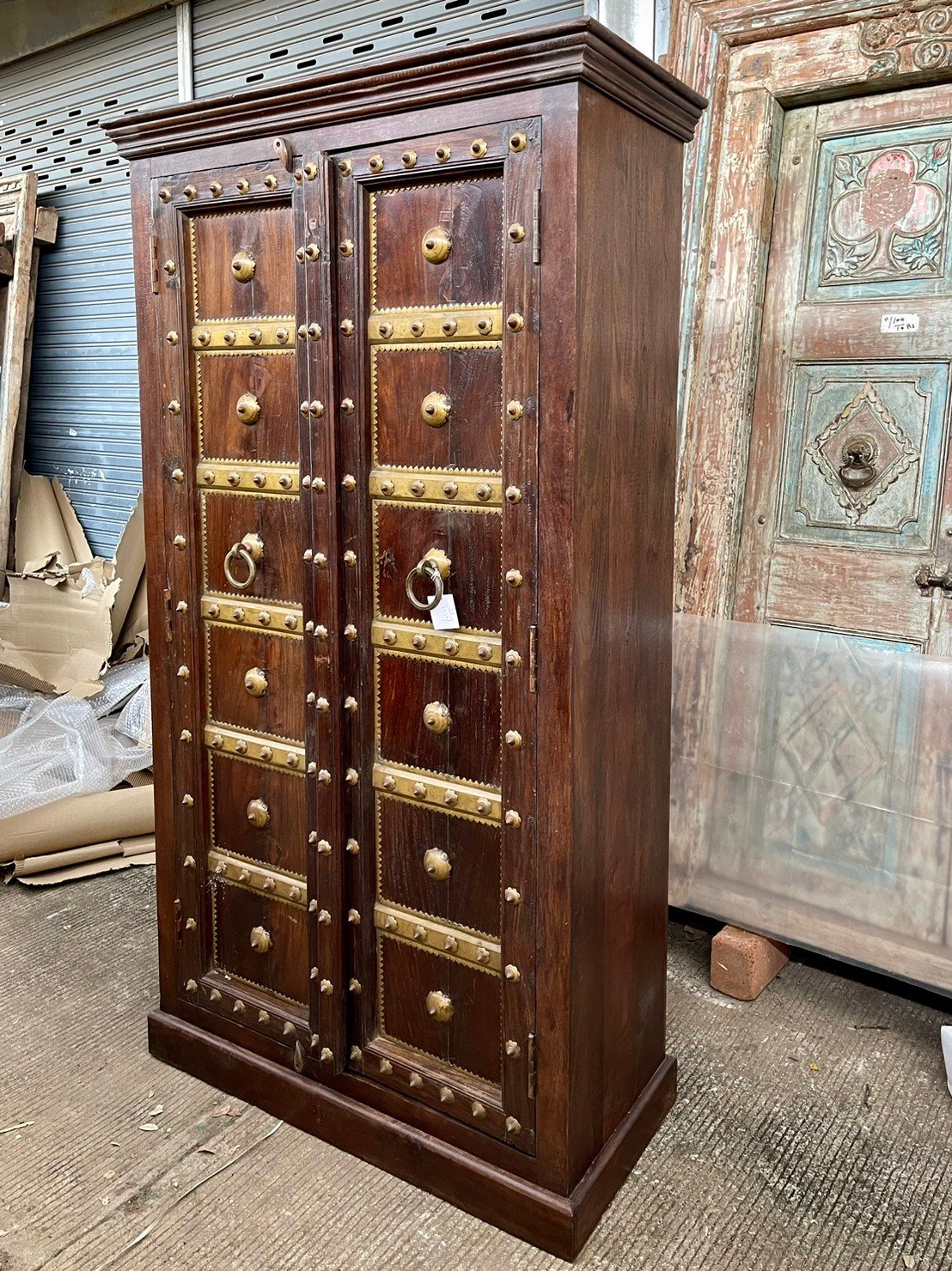 Central Brass Paneling Cabinet – Brass Mounted Door Cabinet with Haveli-Inspired Design W100 x D45 x H182 cm - RIVO HOMES
