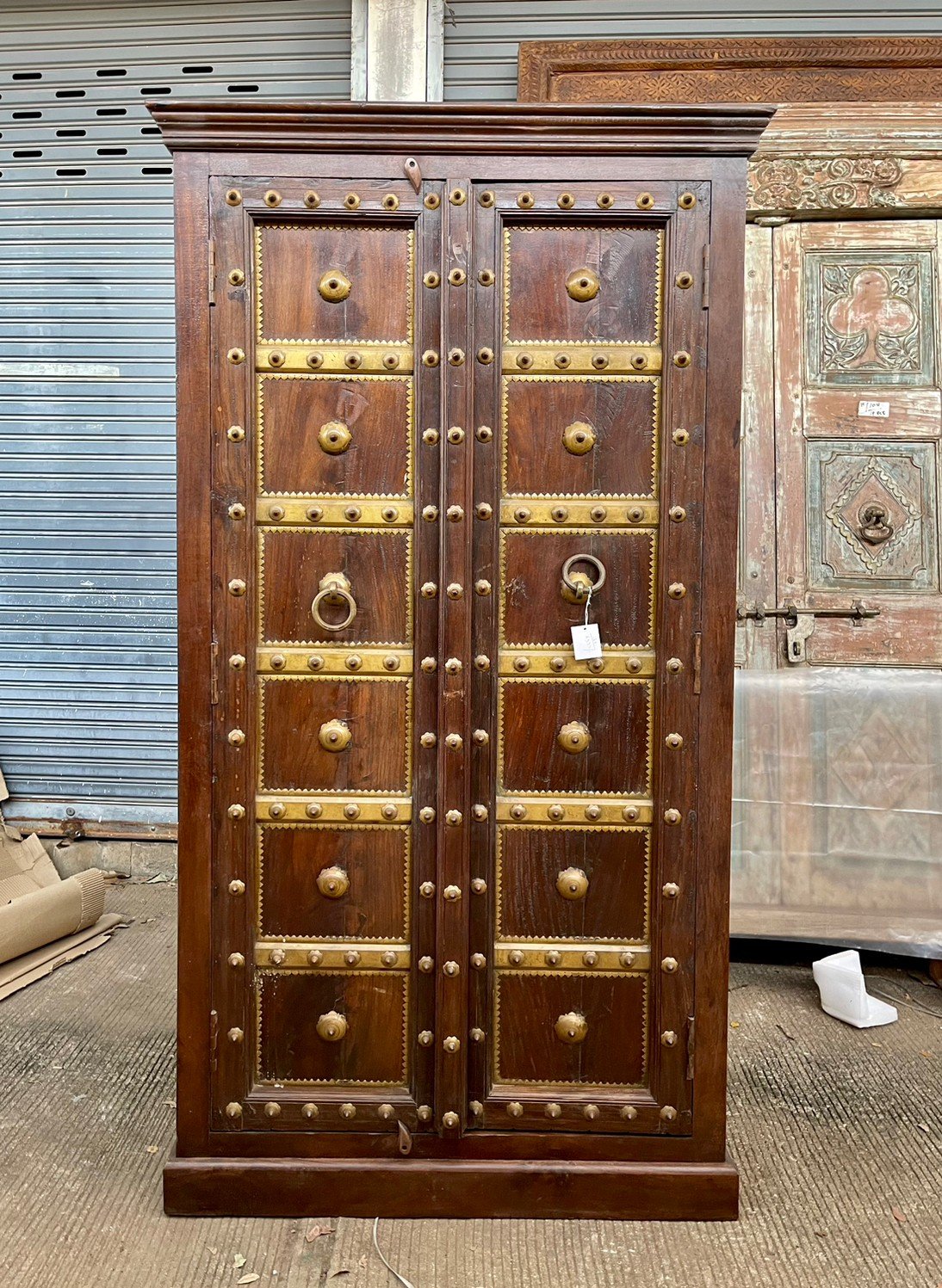 Central Brass Paneling Cabinet – Brass Mounted Door Cabinet with Haveli-Inspired Design W100 x D45 x H182 cm - RIVO HOMES