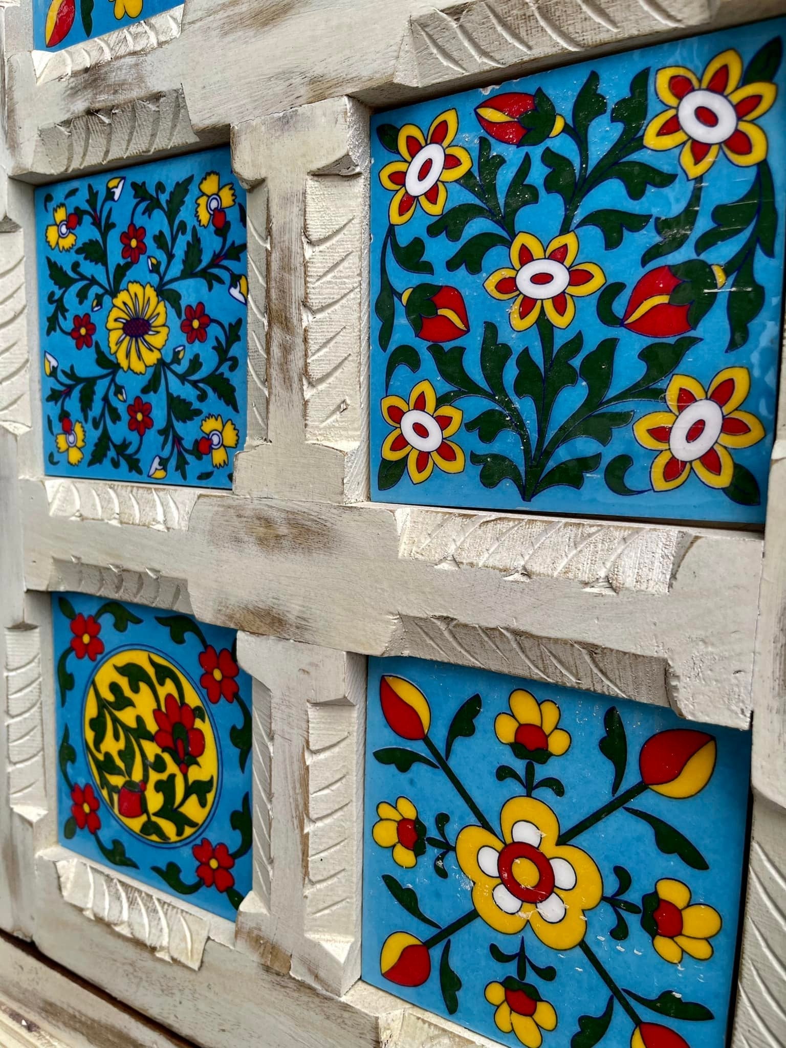 Ceramic Tiles Inlaid Sideboard – Wooden White Sideboard with Vintage Floral Tiles W150 x D40 x H93 cm. - RIVO HOMES