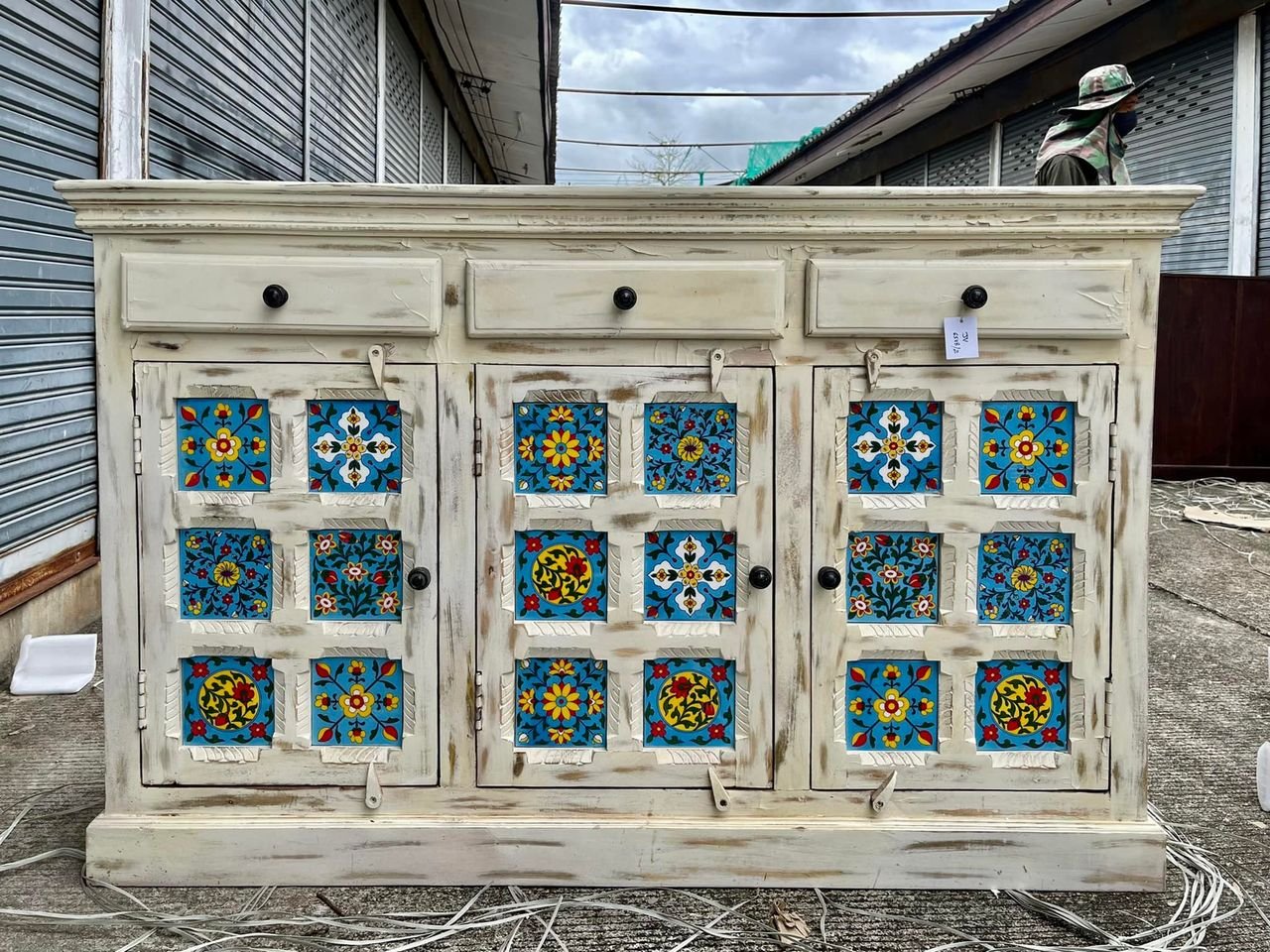 Ceramic Tiles Inlaid Sideboard – Wooden White Sideboard with Vintage Floral Tiles W150 x D40 x H93 cm. - RIVO HOMES
