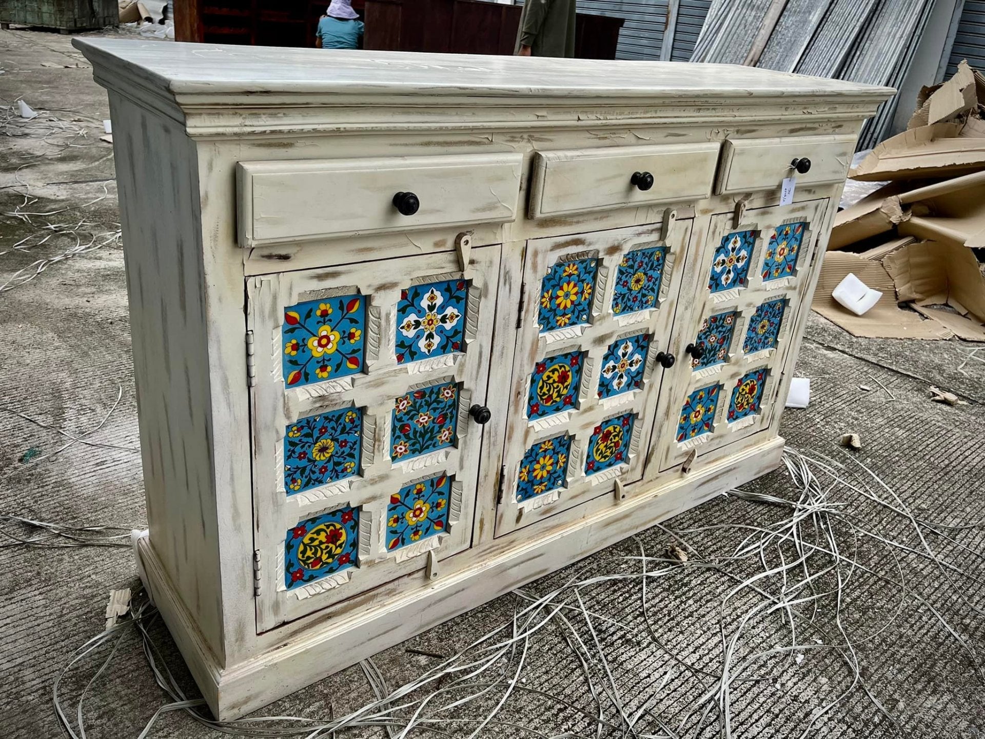 Ceramic Tiles Inlaid Sideboard – Wooden White Sideboard with Vintage Floral Tiles W150 x D40 x H93 cm. - RIVO HOMES