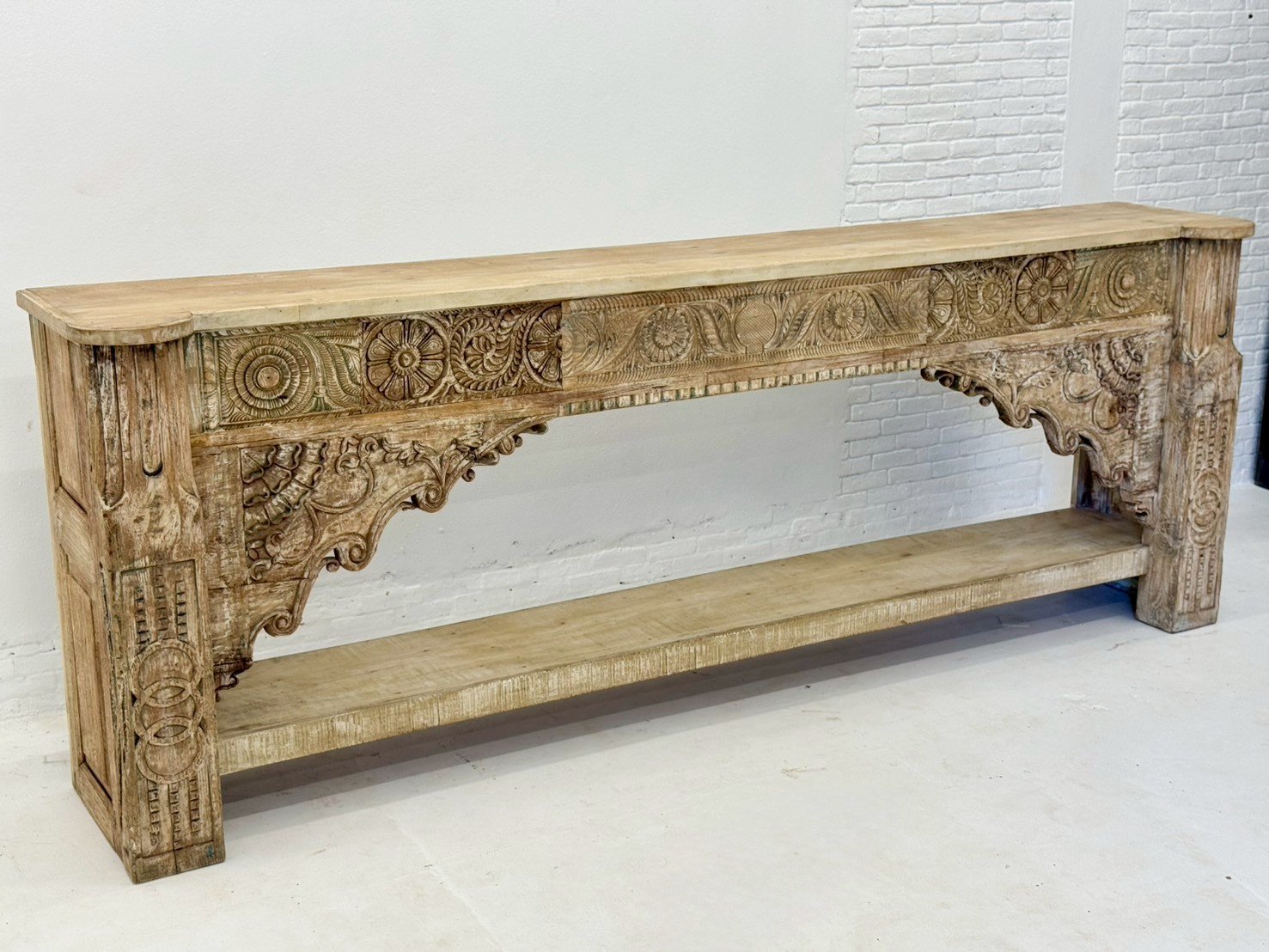 Colosal Console Table – Grand Wooden Console Table with Carved Front and Double Shelf W250 × D45 × H90 cm - RIVO HOMES