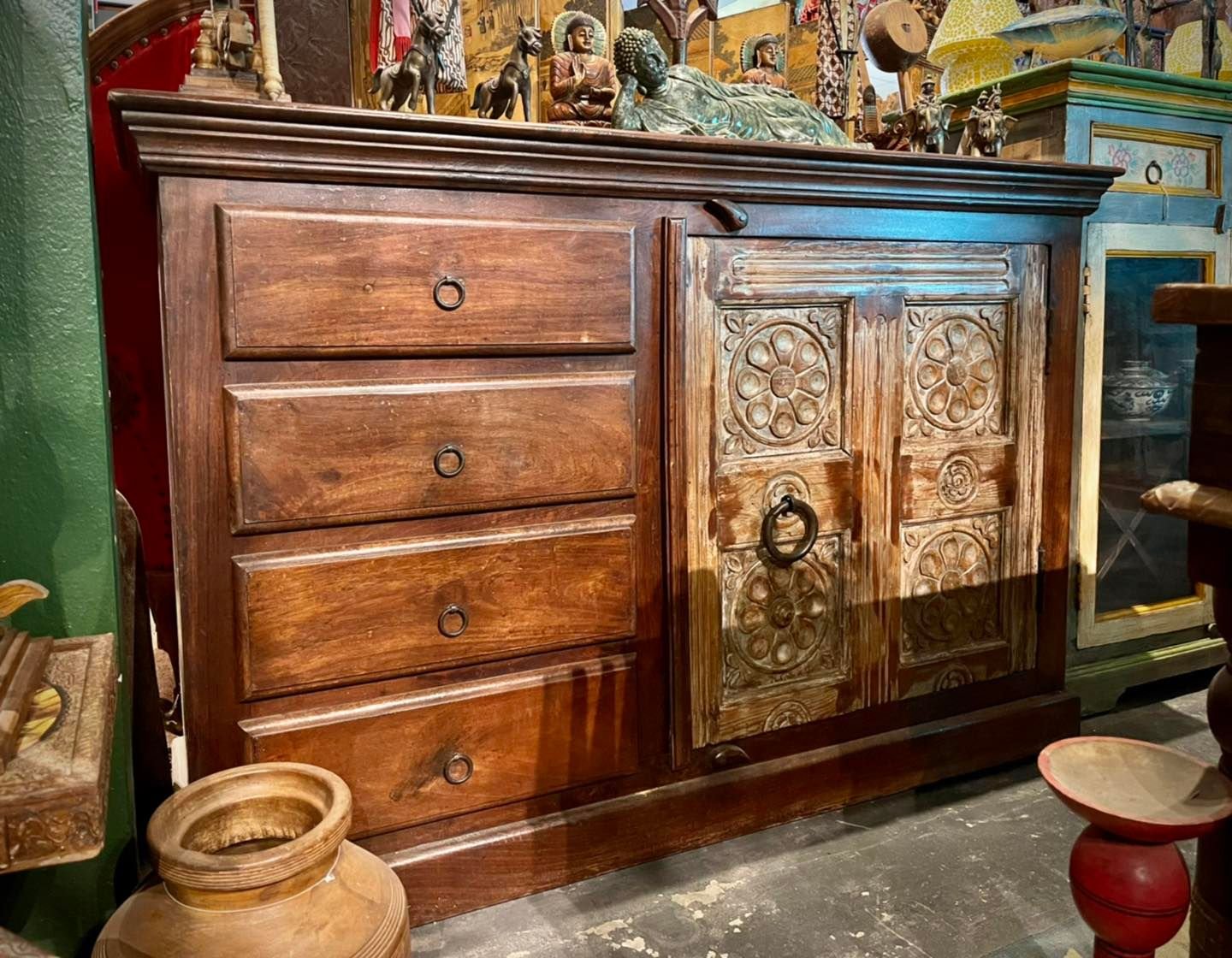 Combo Four Drawer Sideboard – Wooden Chest Sideboard with Hand-Carved Storage W140 x D50 x H95 cm - RIVO HOMES