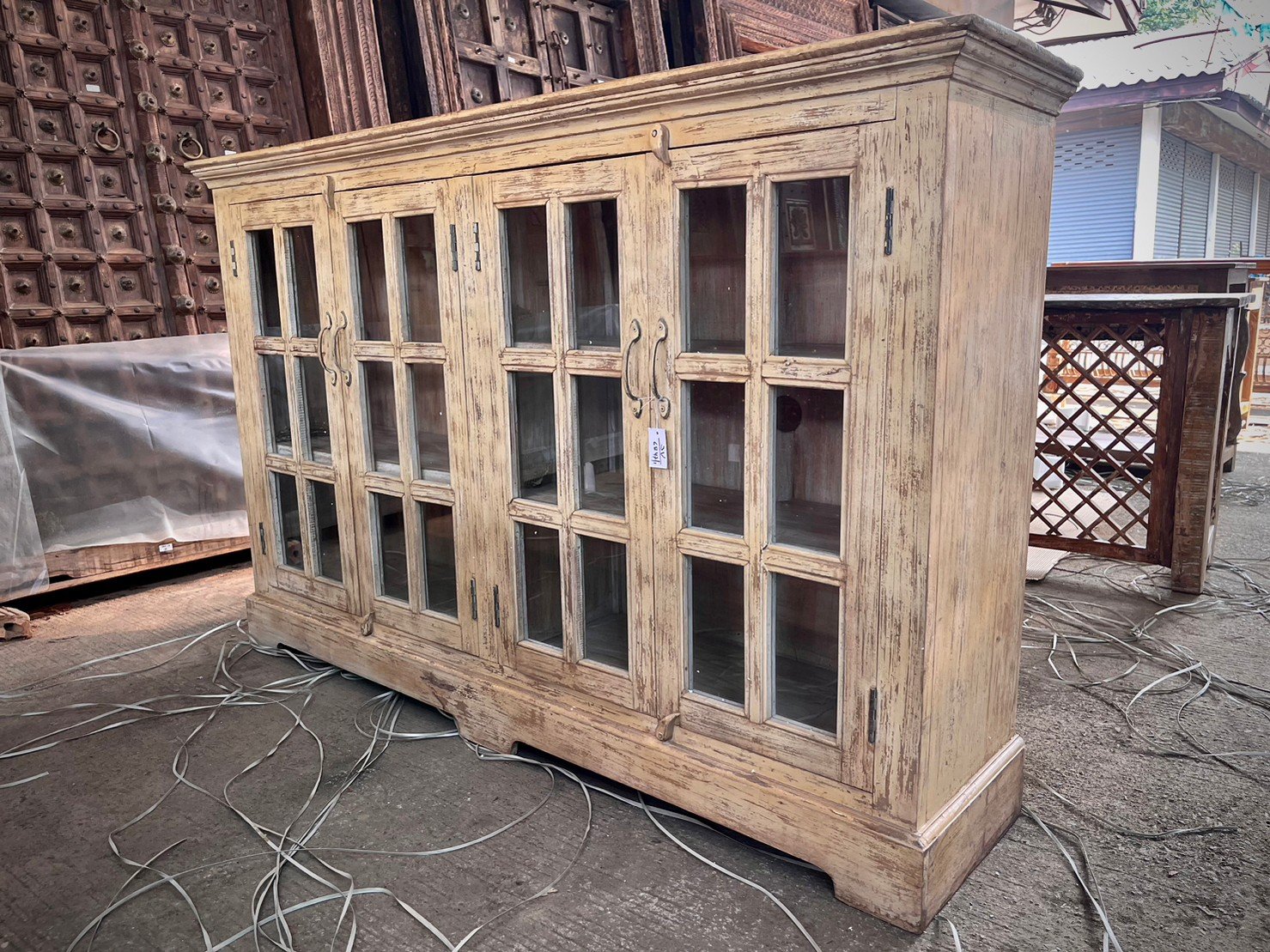 Cottage Glass Sideboard – Glass Paneled Sideboard with Distressed Off-White Finish W175 x D40 x H112 cm - RIVO HOMES