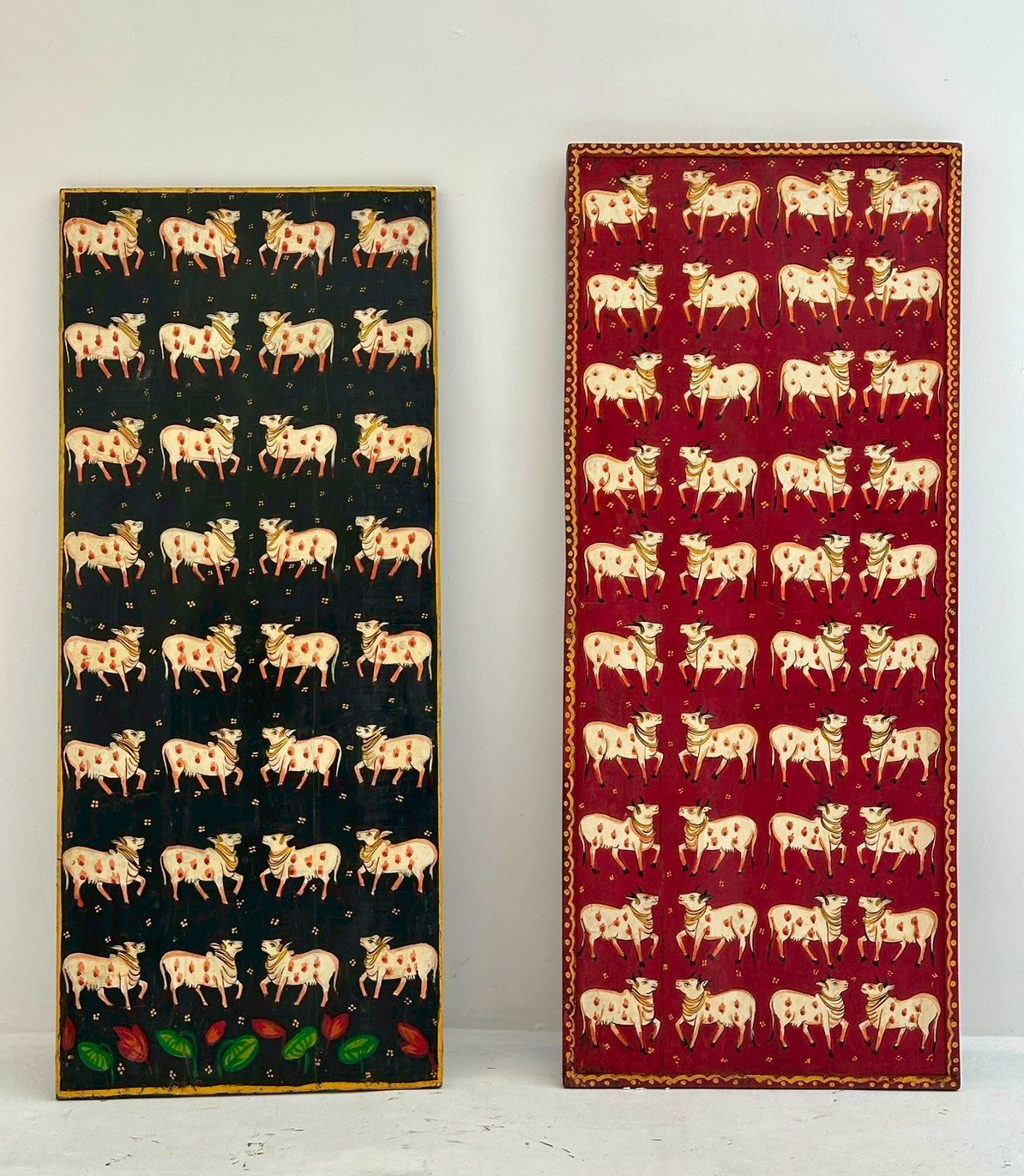 Cow Painted Wood Panel – Cow Painting Panel with Pichwai Folk Art Design W76 x D3 x H184 cm - RIVO HOMES