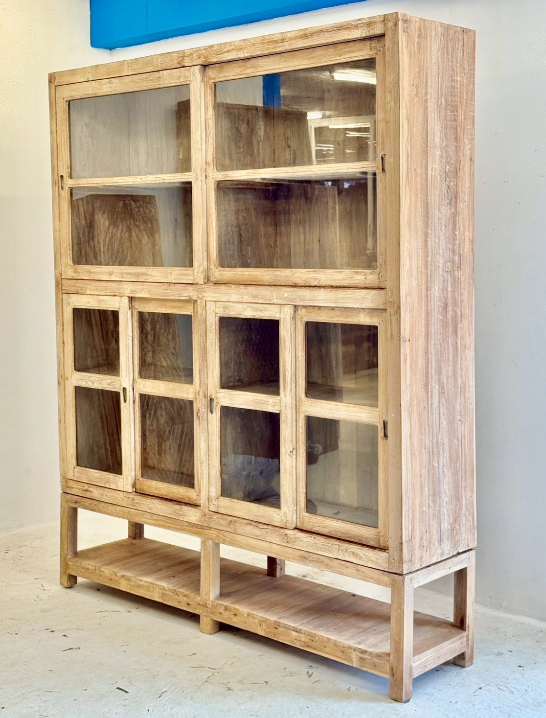 Crystal Glass Wooden Large Cabinet – Large Storage Cabinet with Glass Doors and Open Base Shelf W190 x D47 x H232 cm - RIVO HOMES
