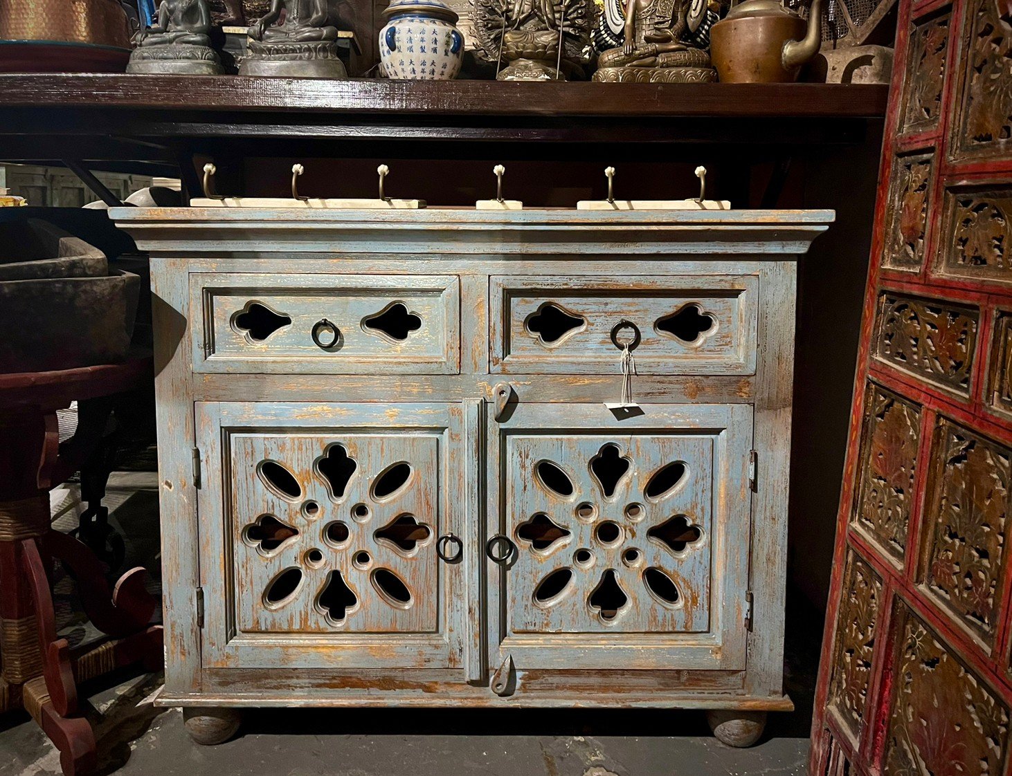 Cutout Floral Perforation Door Cabinet – Wooden Cabinets with Floral Design W92 x D41 x H76 cm - RIVO HOMES