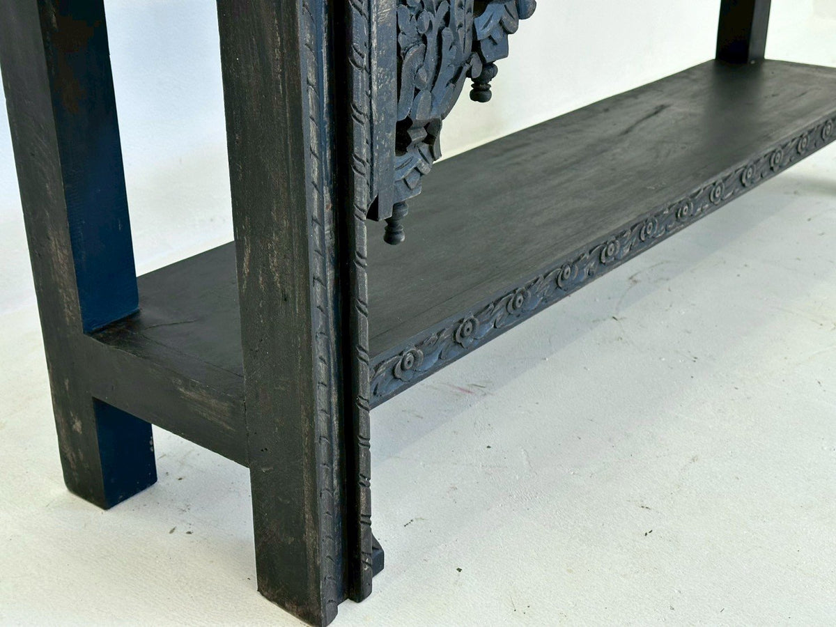 Dark Wood Console Table – Dark Consoles Table with Carved Brackets and Shelf W150 x D38 x H80 cm - RIVO HOMES