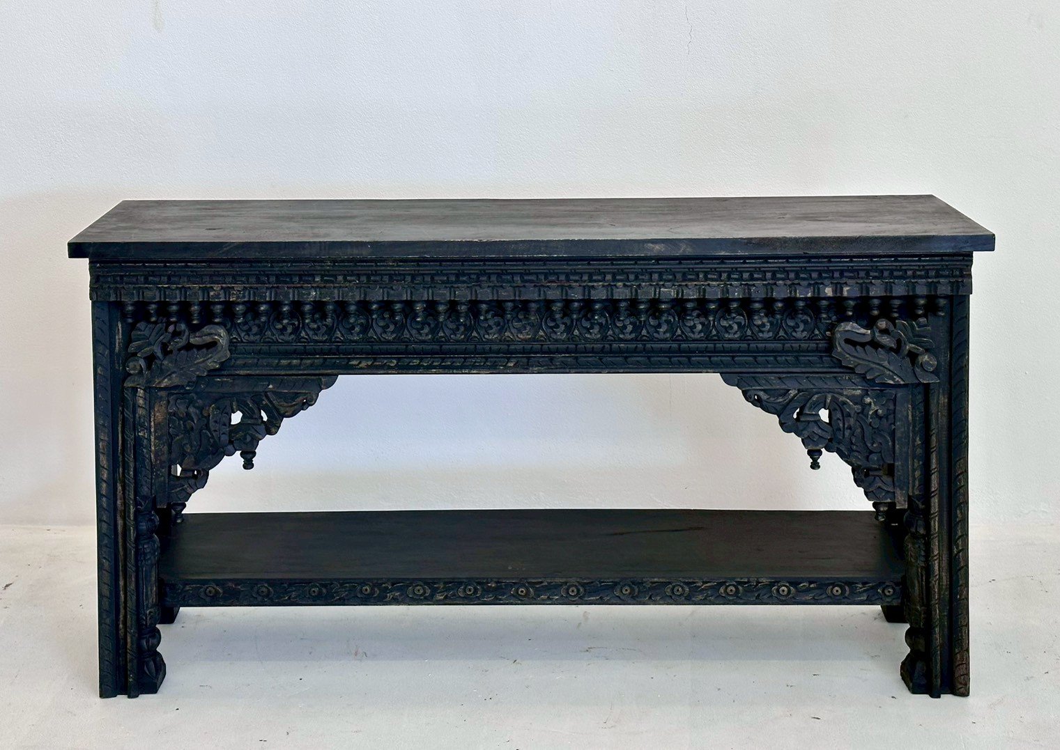 Dark Wood Console Table – Dark Consoles Table with Carved Brackets and Shelf W150 x D38 x H80 cm - RIVO HOMES