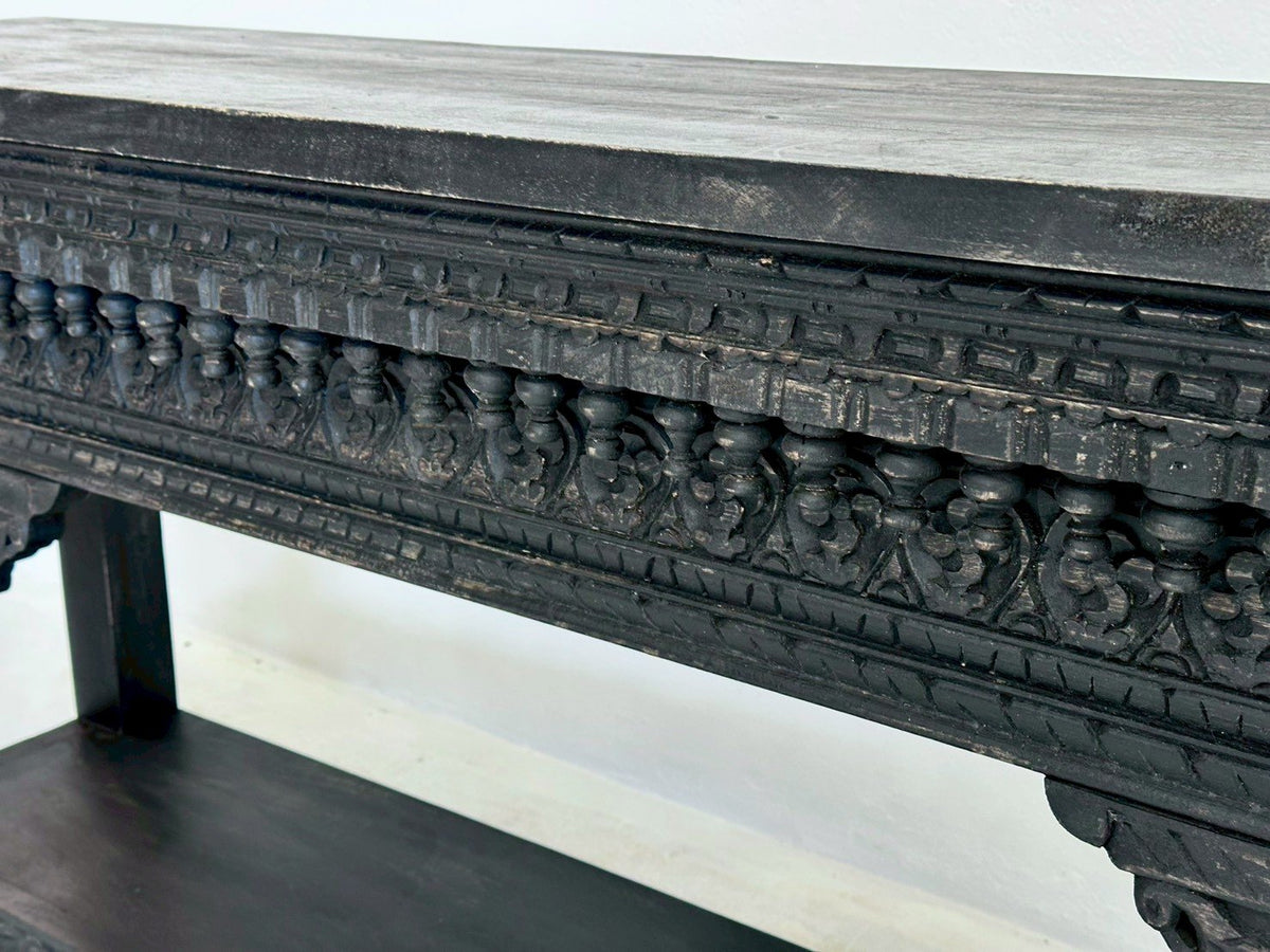 Dark Wood Console Table – Dark Consoles Table with Carved Brackets and Shelf W150 x D38 x H80 cm - RIVO HOMES